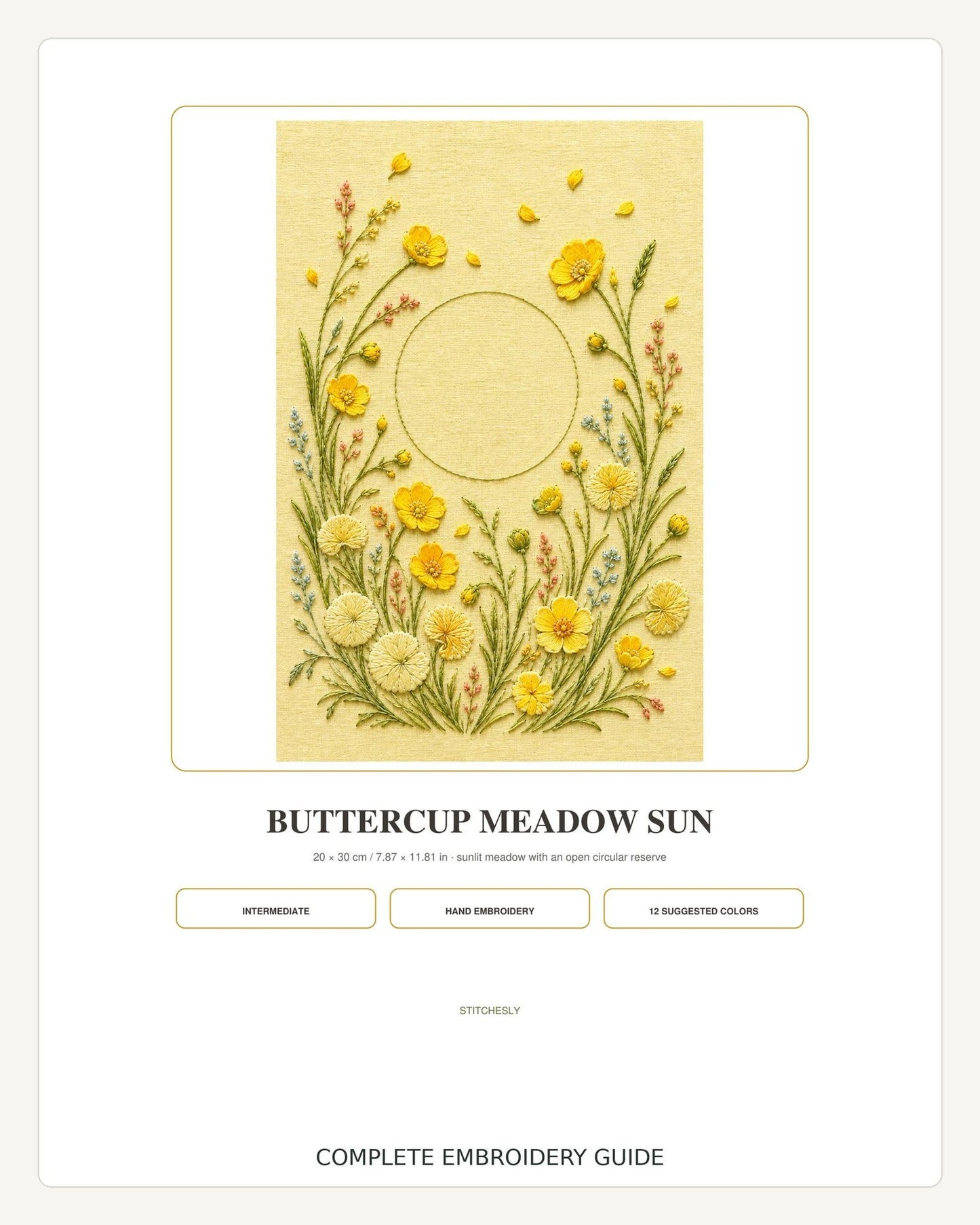Buttercup Meadow Sun stitch guide preview for the digital hand embroidery pattern and stitch guide