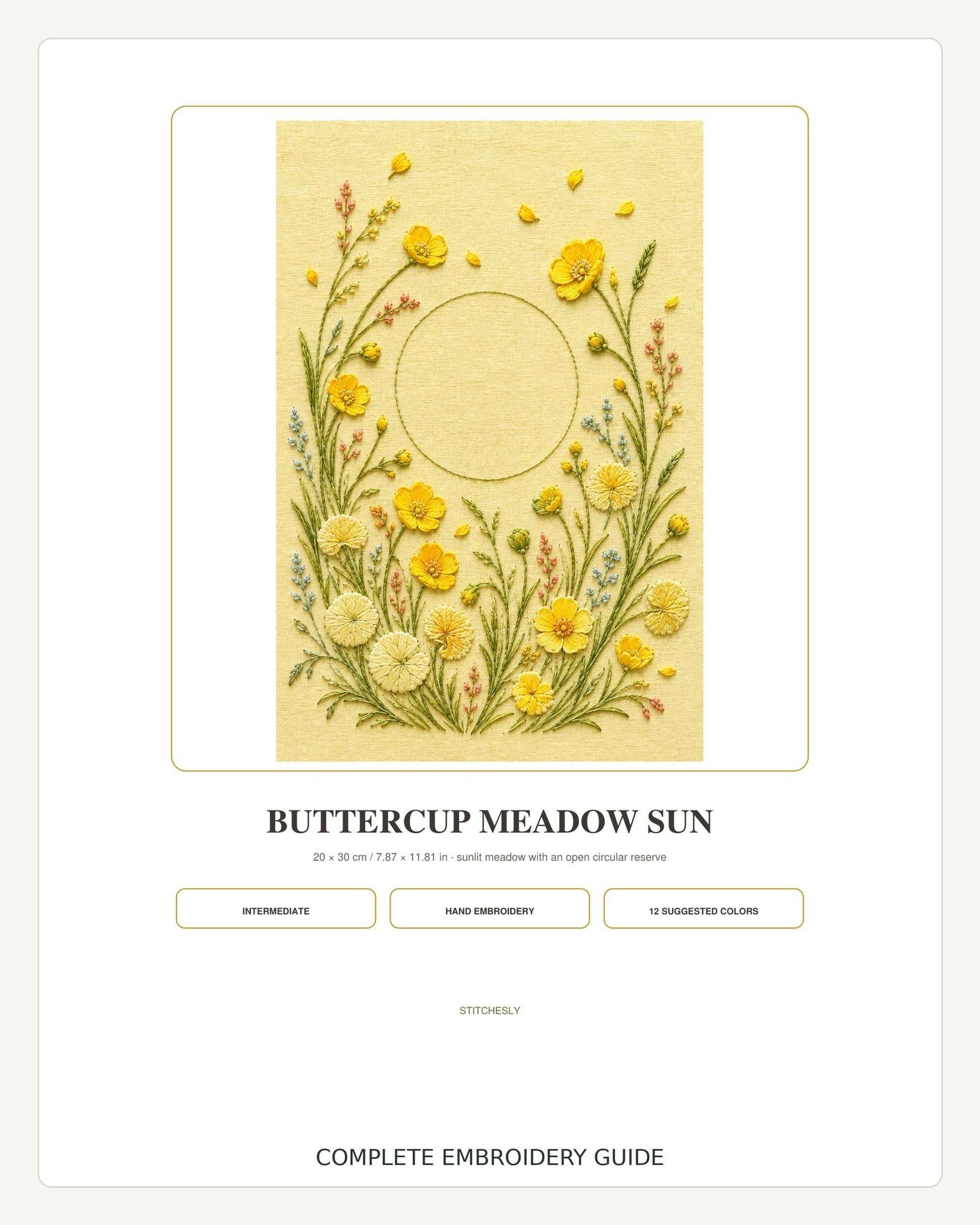Buttercup Meadow Sun stitch guide preview for the digital hand embroidery pattern and stitch guide
