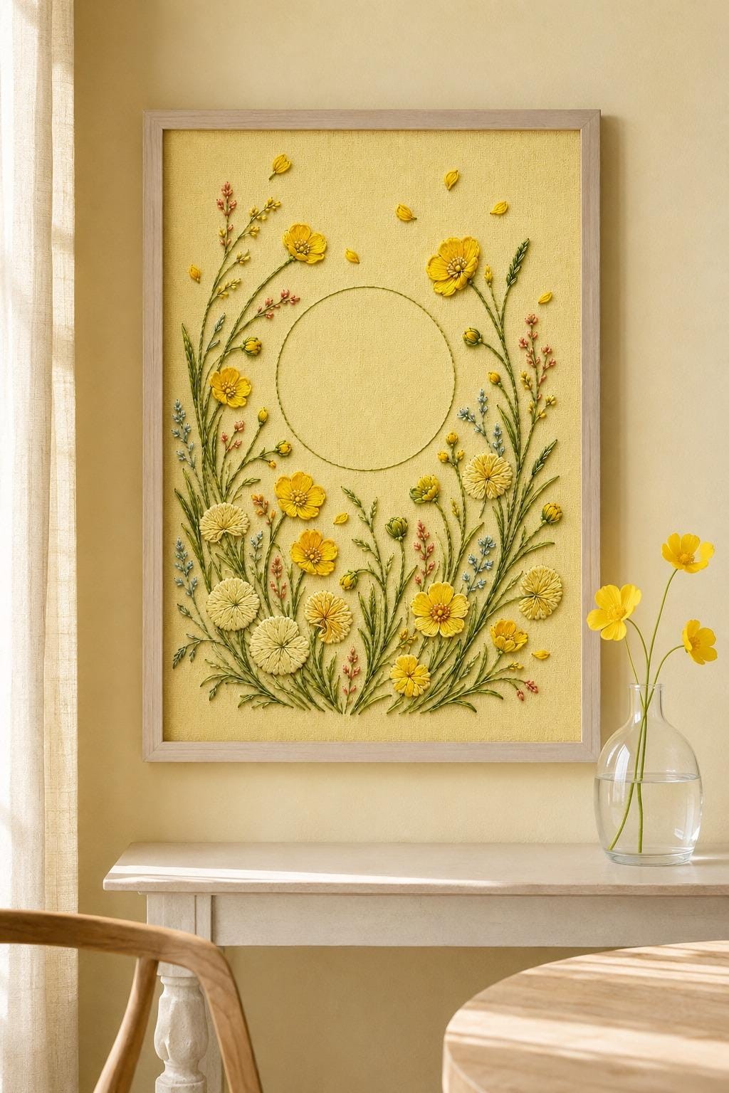 Buttercup Meadow Sun embroidery portfolio display for the digital hand embroidery pattern and stitch guide