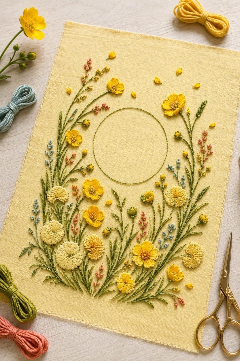 Buttercup Meadow Sun finished design flatlay for the digital hand embroidery pattern and stitch guide