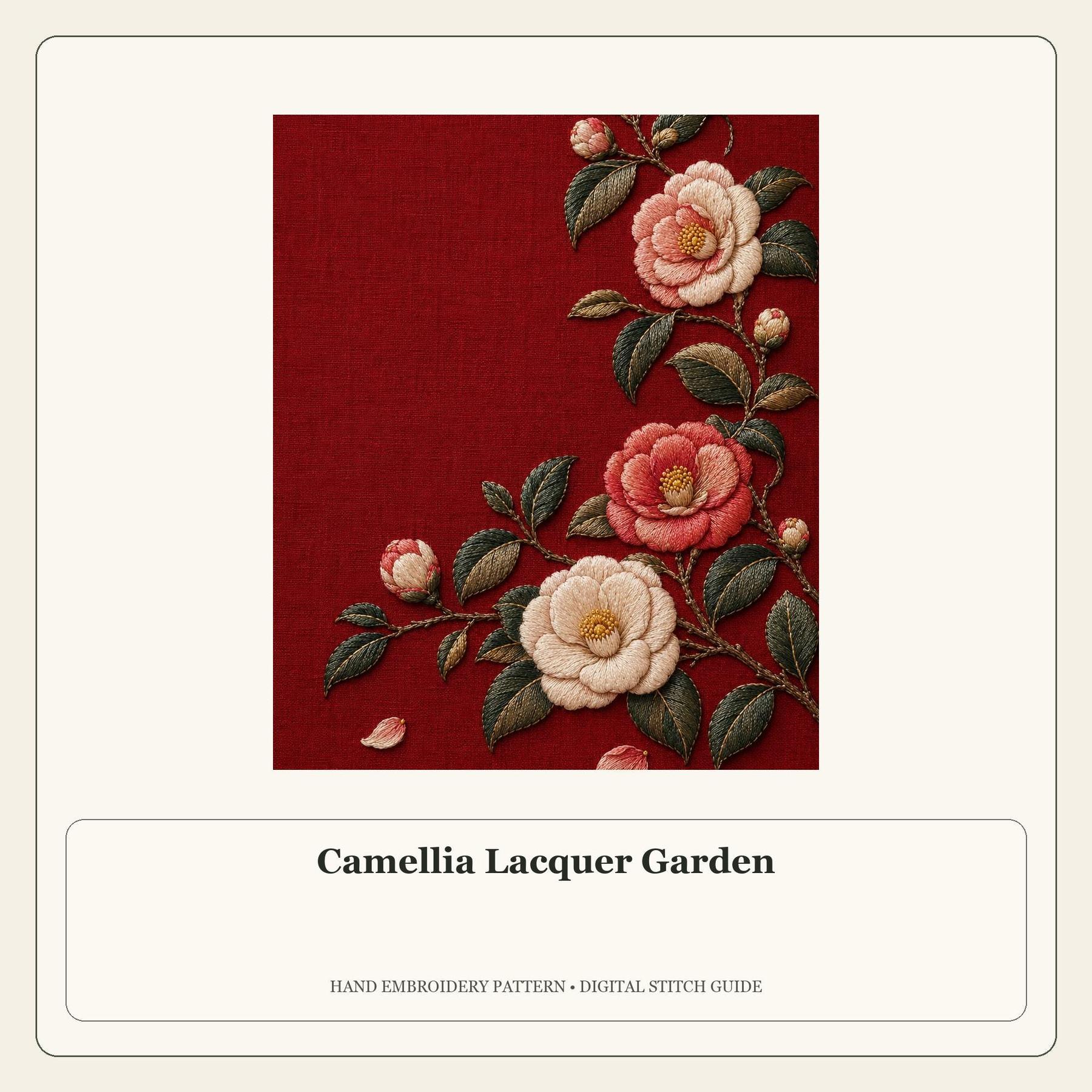 Camellia Lacquer Garden stitch guide cover for the digital hand embroidery pattern and stitch guide