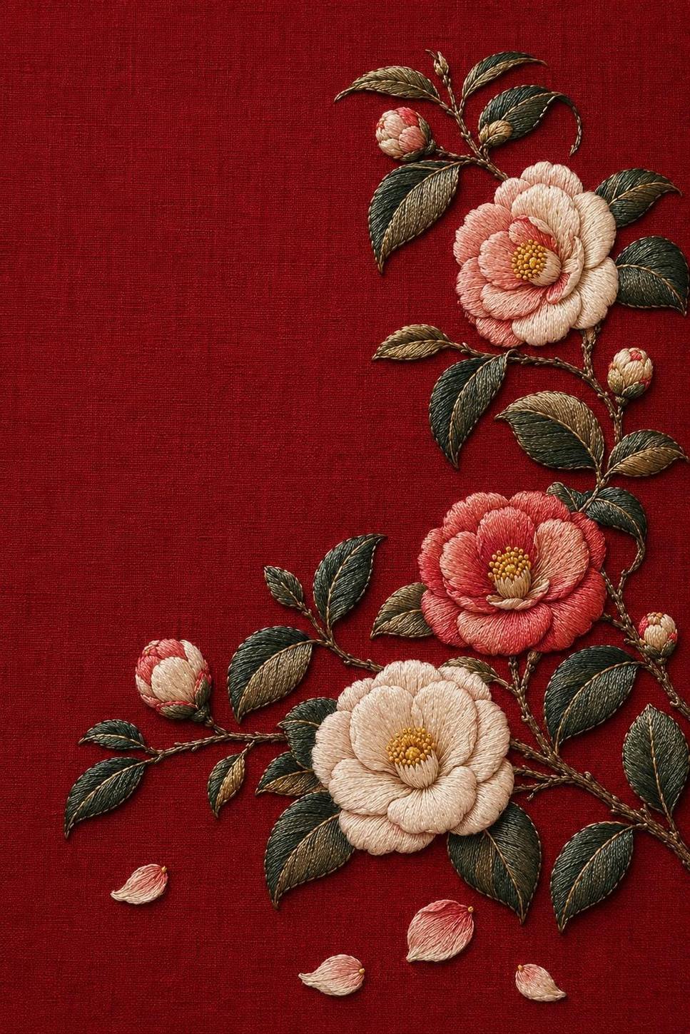 Camellia Lacquer Garden finished embroidery reference for the digital hand embroidery pattern and stitch guide
