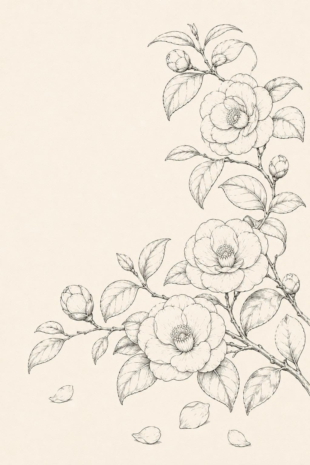 Camellia Lacquer Garden transfer linework preview for the digital hand embroidery pattern and stitch guide
