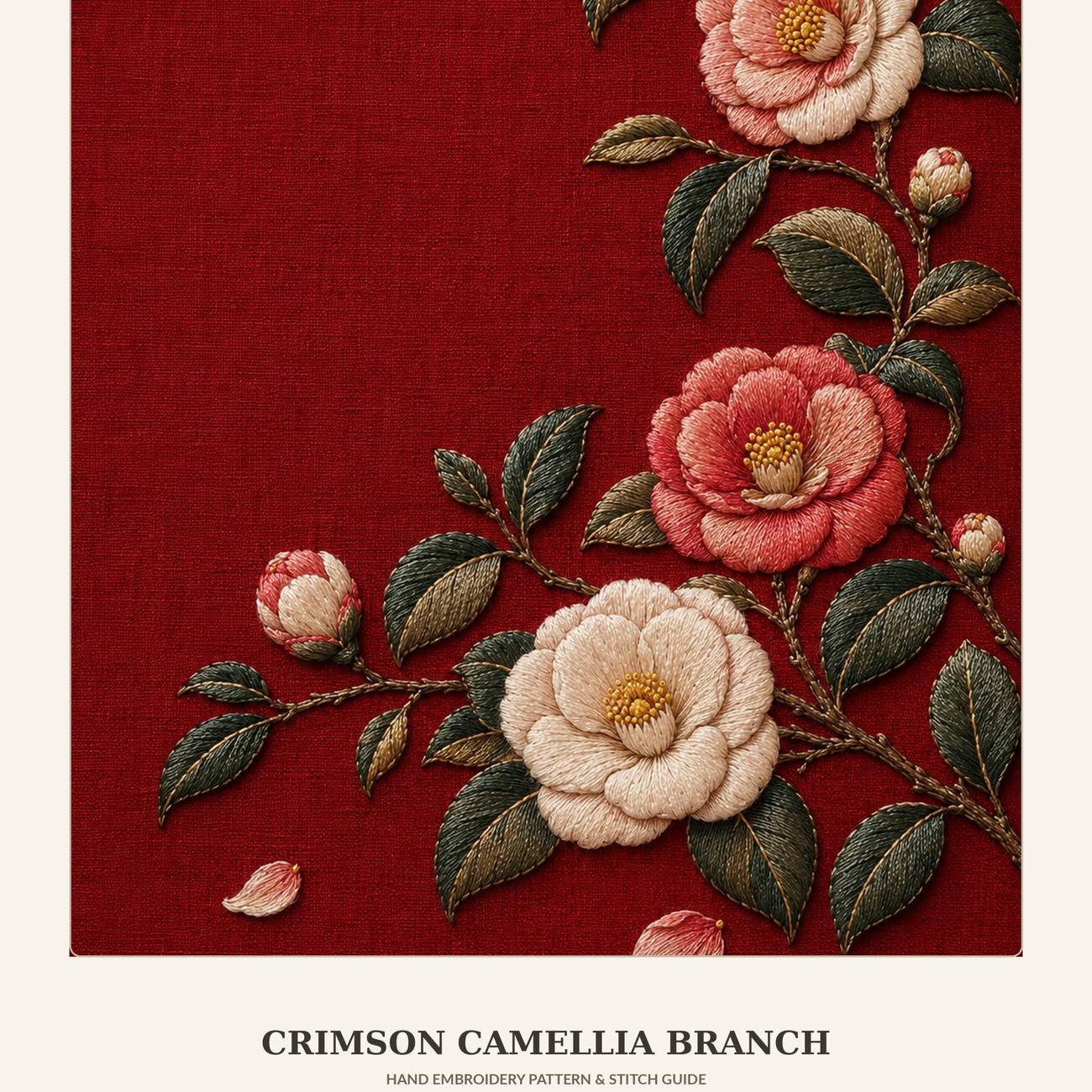 Camellia Lacquer Garden pattern edition overview for the digital hand embroidery pattern and stitch guide