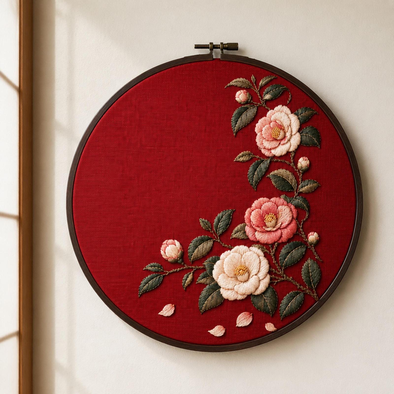 Camellia Lacquer Garden embroidered project idea for the digital hand embroidery pattern and stitch guide
