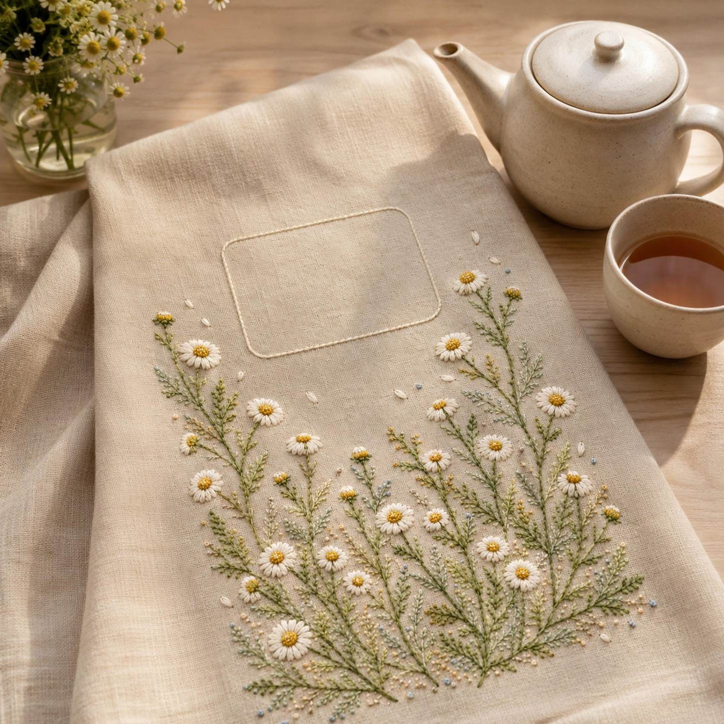 Chamomile Tea Cloth finished hoop hero for the digital hand embroidery pattern and stitch guide