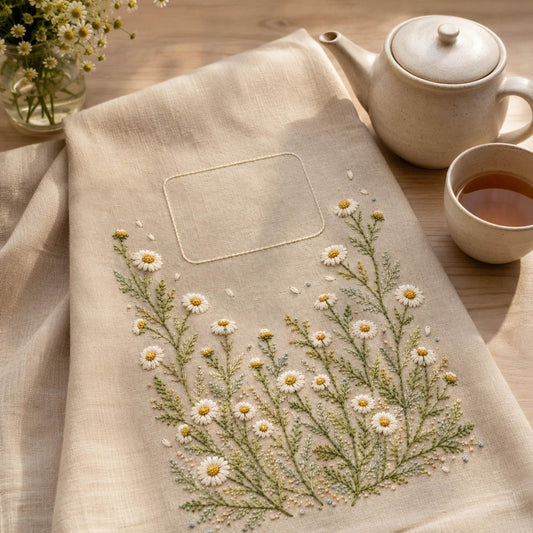 Chamomile Tea Cloth finished hoop hero for the digital hand embroidery pattern and stitch guide