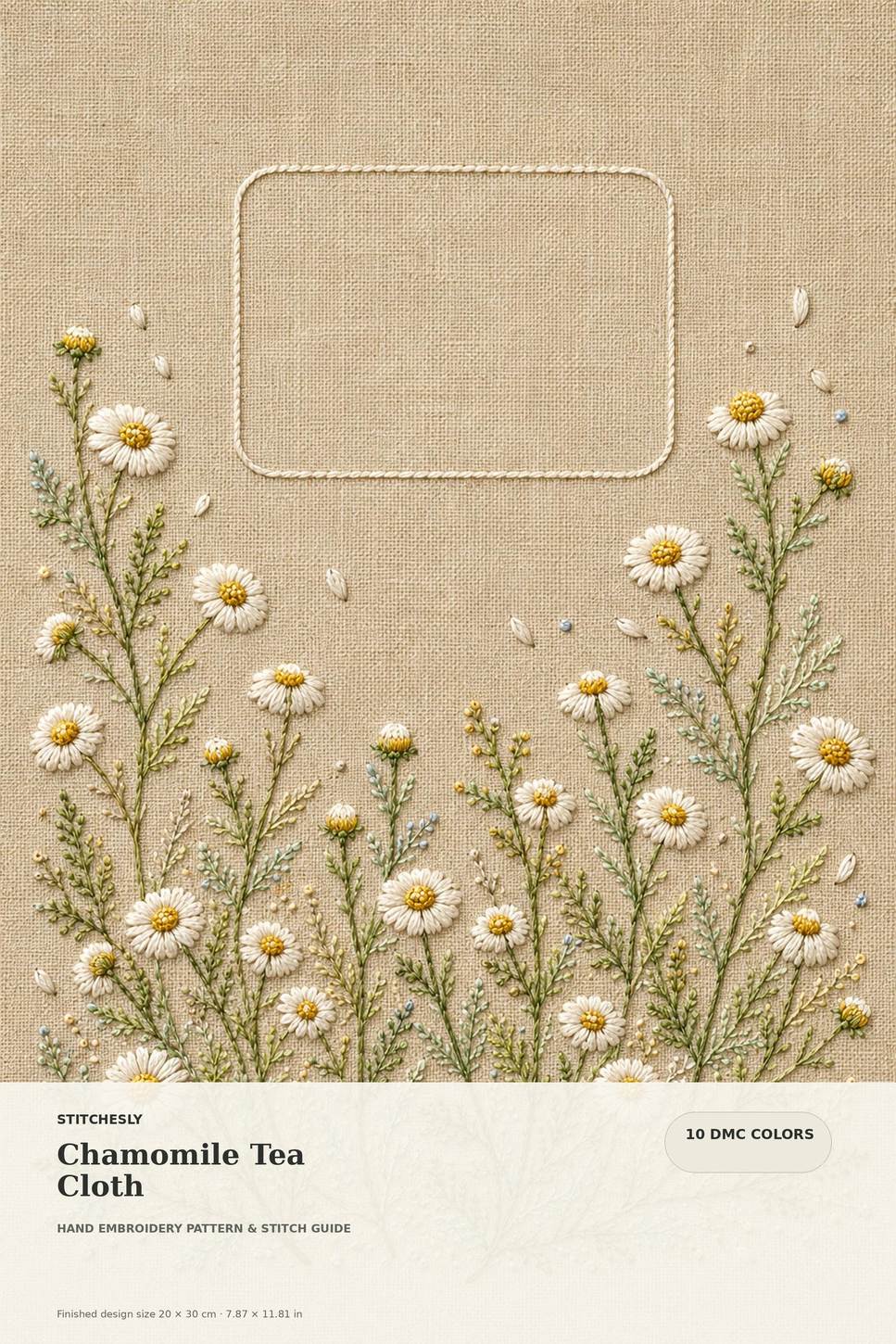 Chamomile Tea Cloth embroidered project idea for the digital hand embroidery pattern and stitch guide