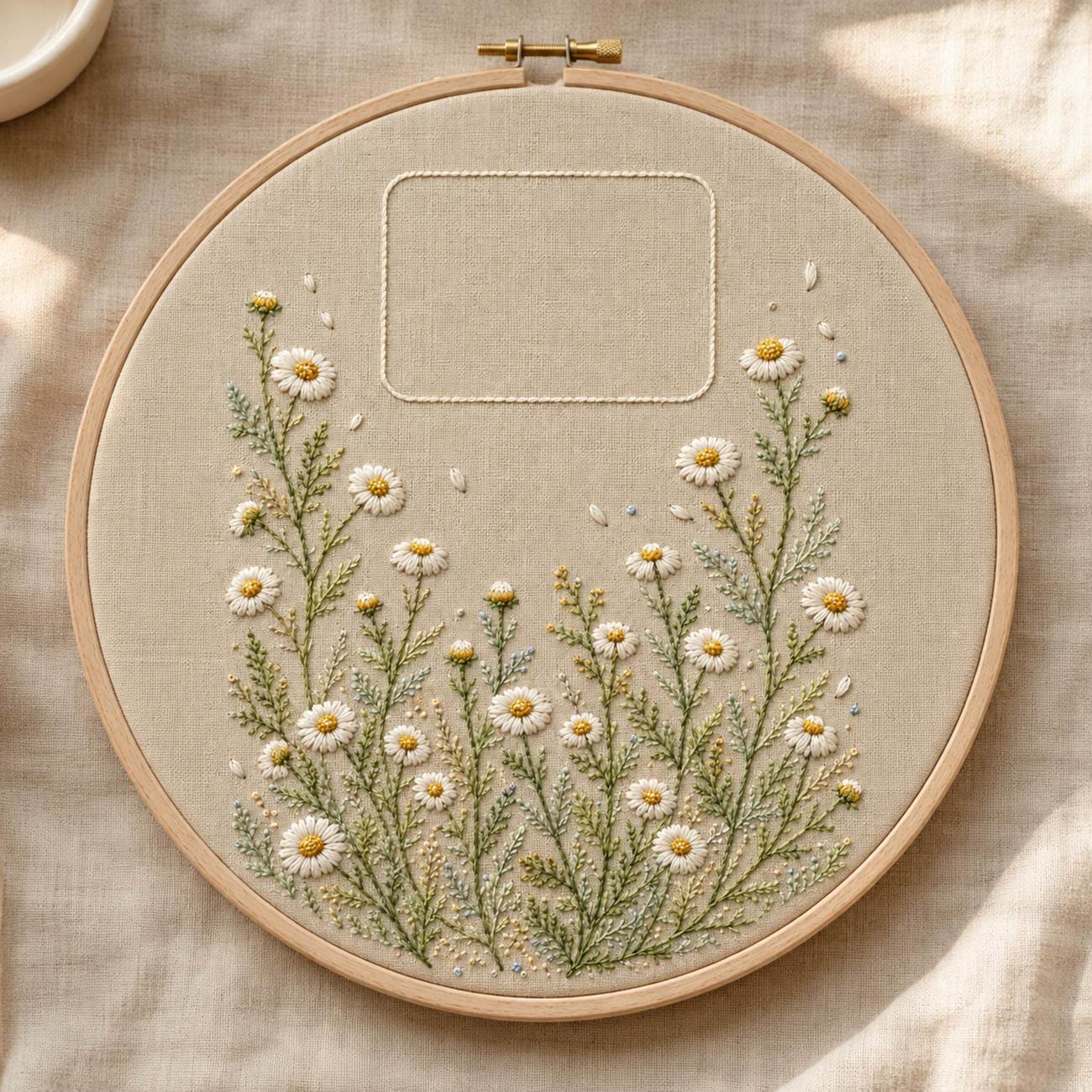 Chamomile Tea Cloth stitch detail closeup for the digital hand embroidery pattern and stitch guide