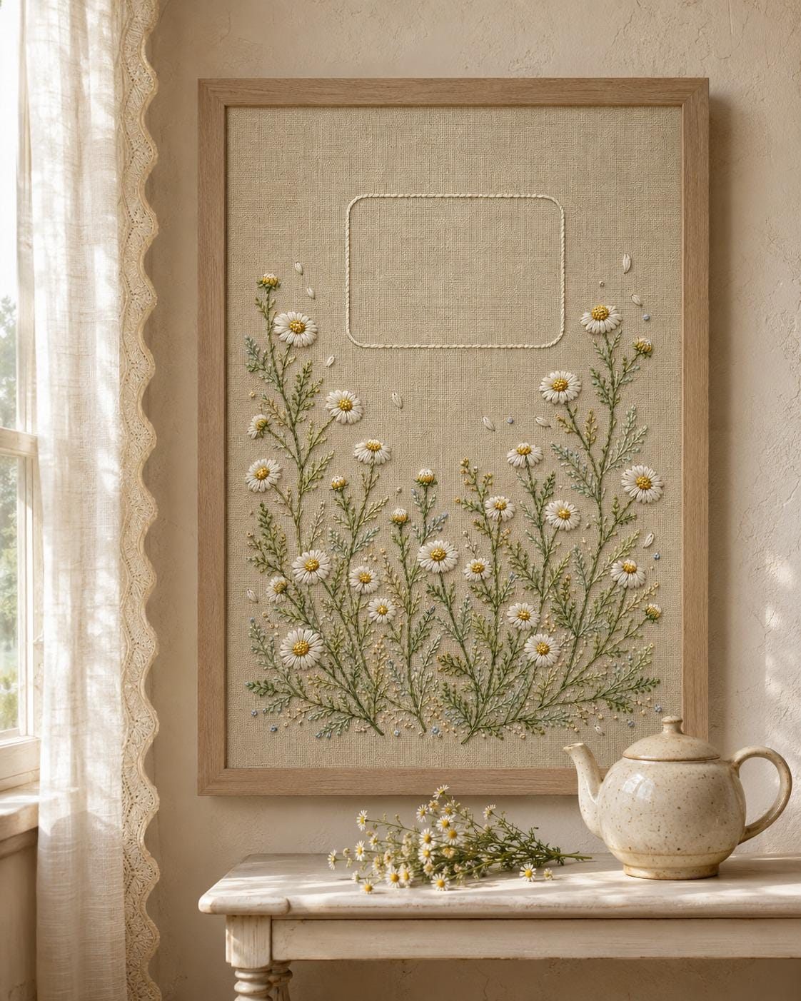 Chamomile Tea Cloth finished design flatlay for the digital hand embroidery pattern and stitch guide