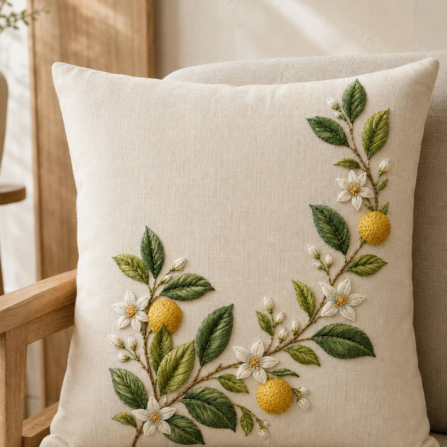 Citrus Blossom and Leaf finished hoop hero for the digital hand embroidery pattern and stitch guide