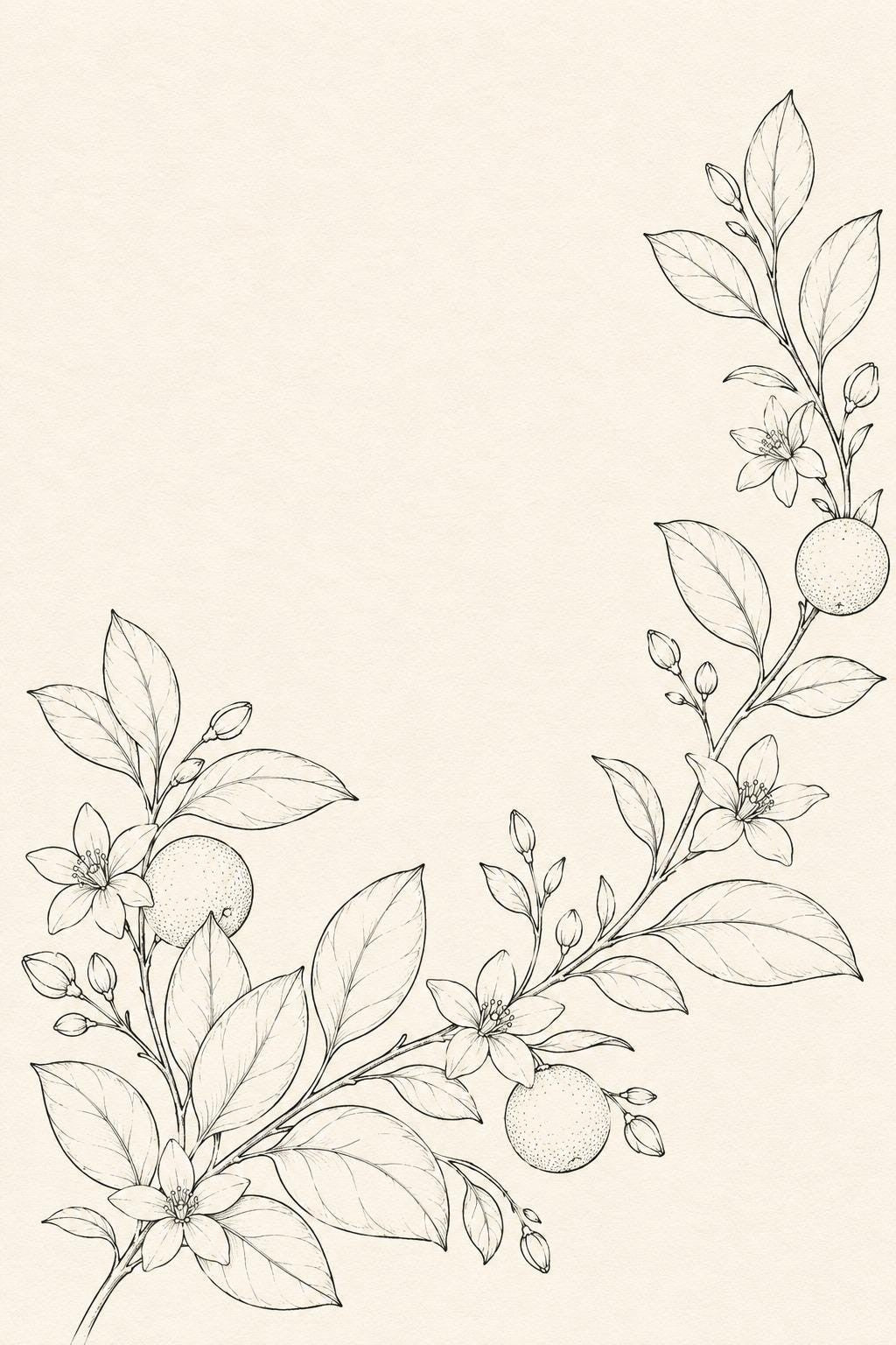Citrus Blossom and Leaf transfer linework preview for the digital hand embroidery pattern and stitch guide
