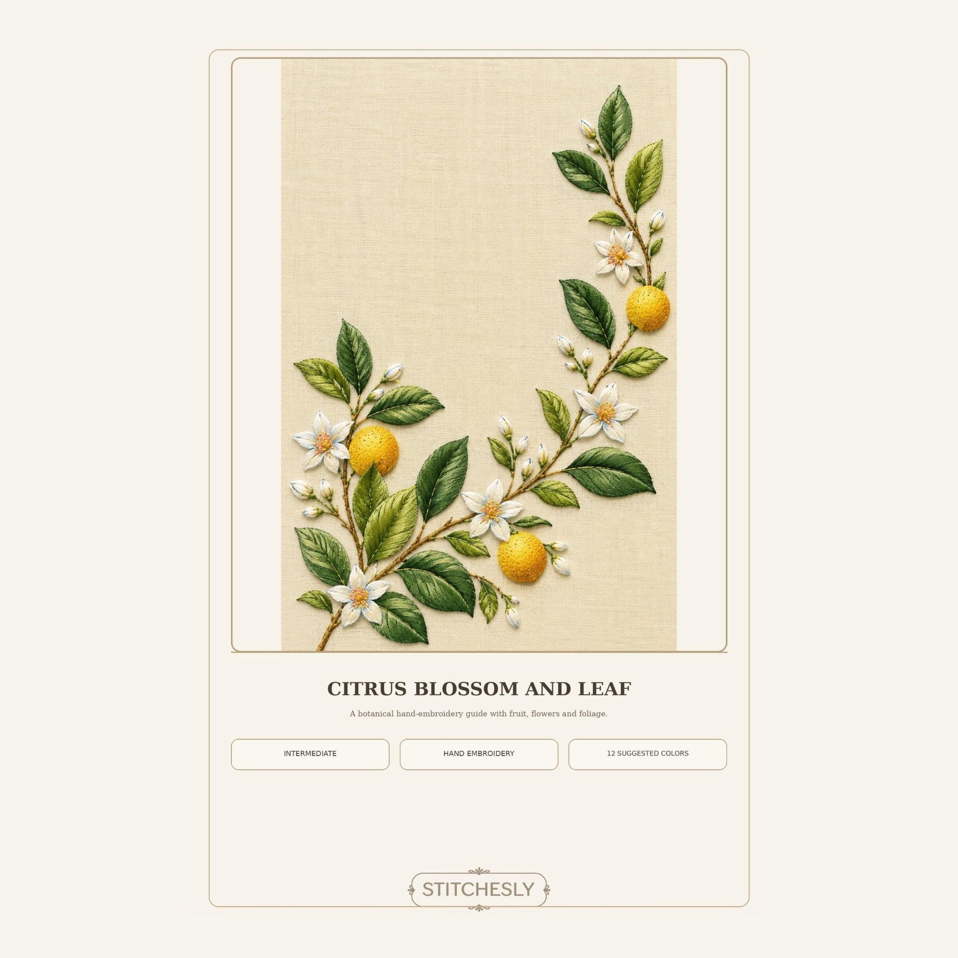 Citrus Blossom and Leaf pattern edition overview for the digital hand embroidery pattern and stitch guide