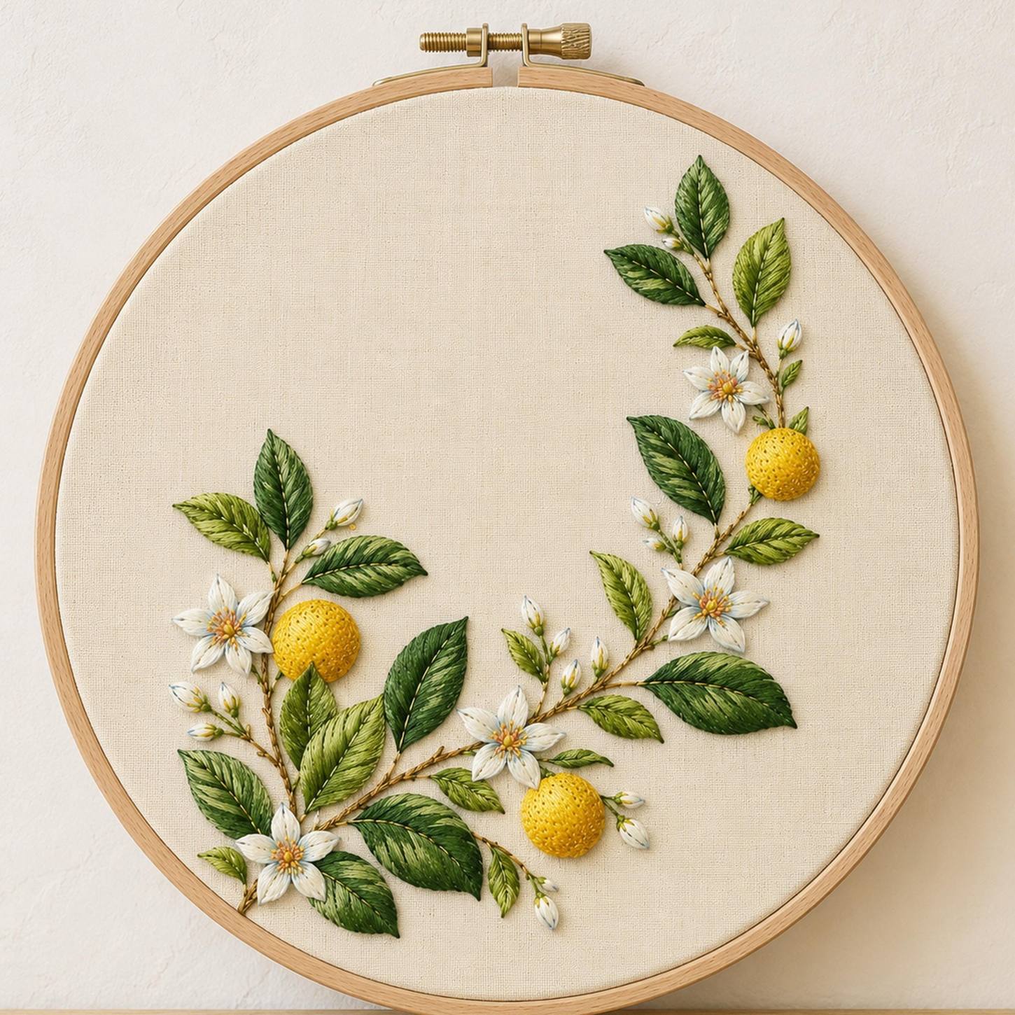 Citrus Blossom and Leaf embroidered project idea for the digital hand embroidery pattern and stitch guide