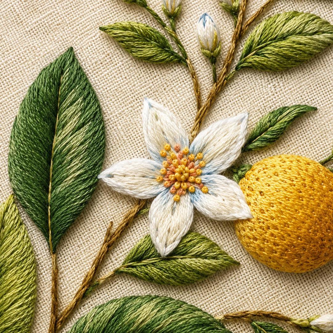 Citrus Blossom and Leaf stitch detail closeup for the digital hand embroidery pattern and stitch guide