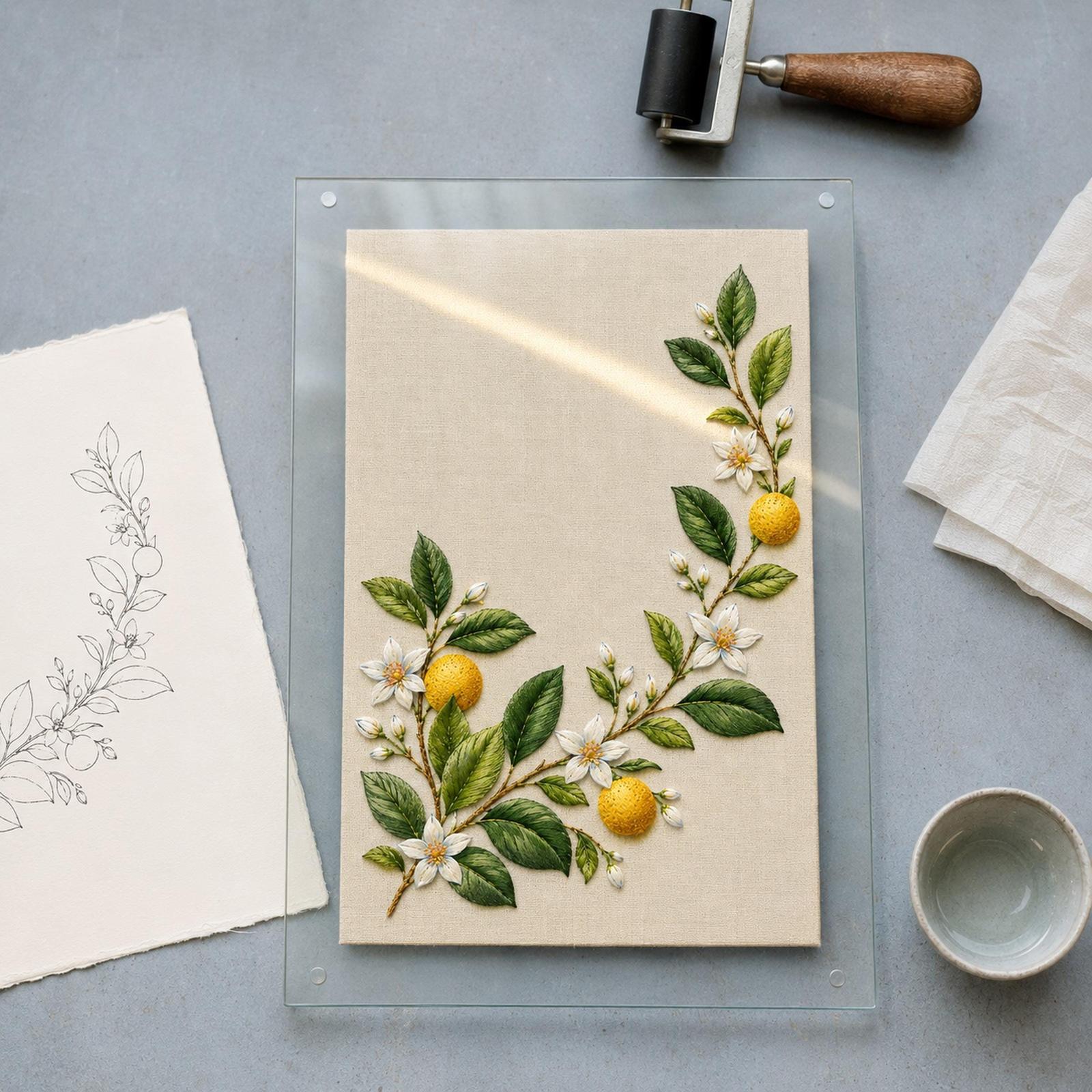 Citrus Blossom and Leaf embroidery portfolio display for the digital hand embroidery pattern and stitch guide