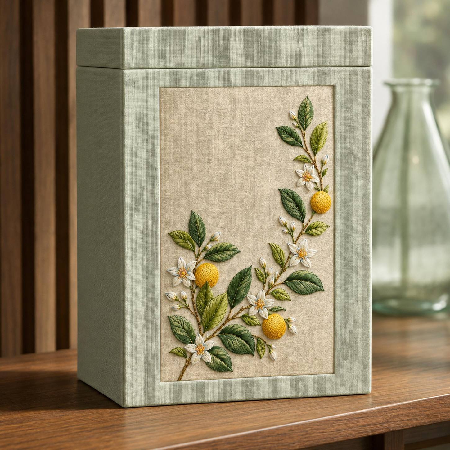 Citrus Blossom and Leaf finished design flatlay for the digital hand embroidery pattern and stitch guide