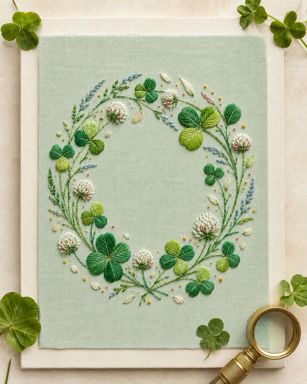 Clover Medallion Good Luck finished hoop hero for the digital hand embroidery pattern and stitch guide