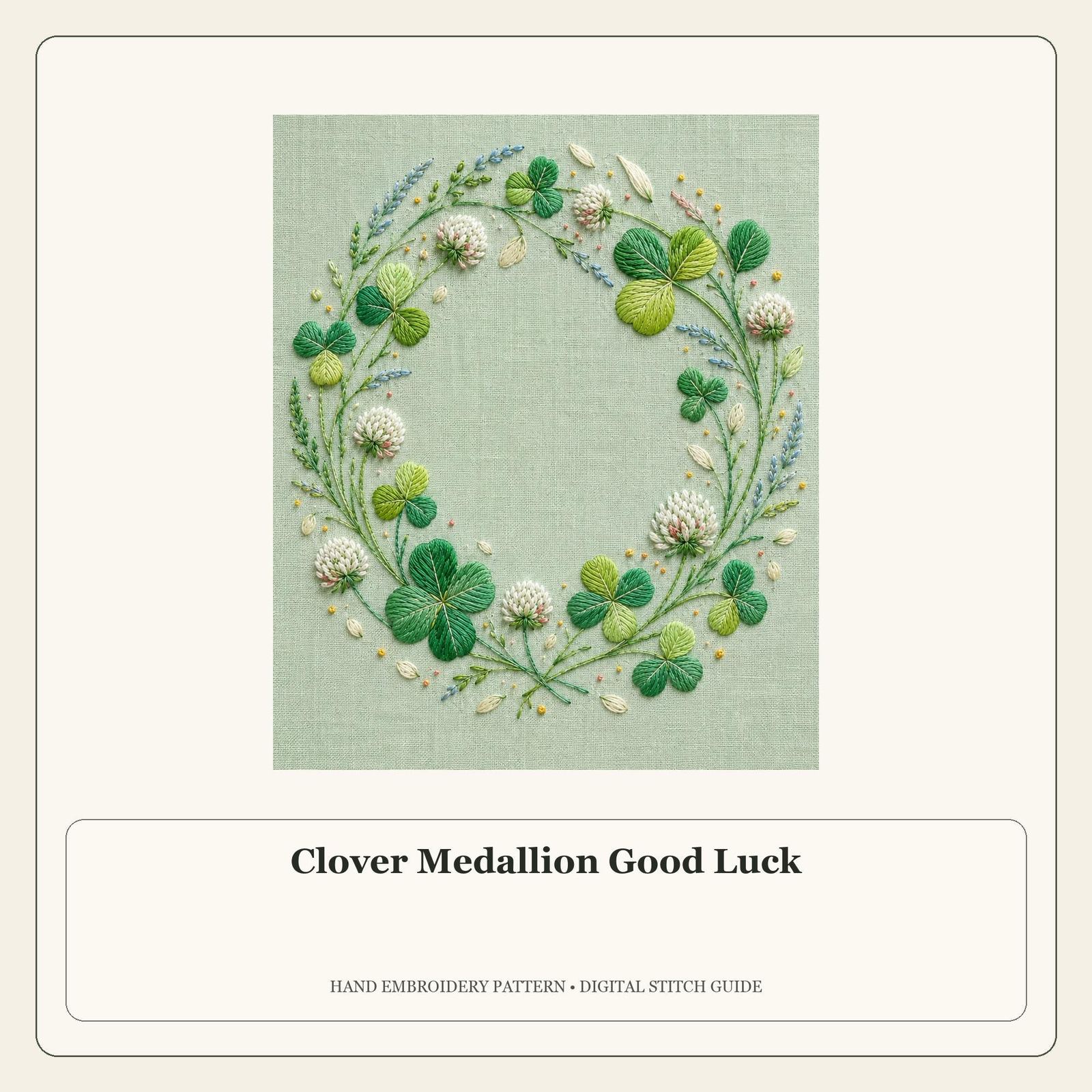 Clover Medallion Good Luck stitch guide cover for the digital hand embroidery pattern and stitch guide