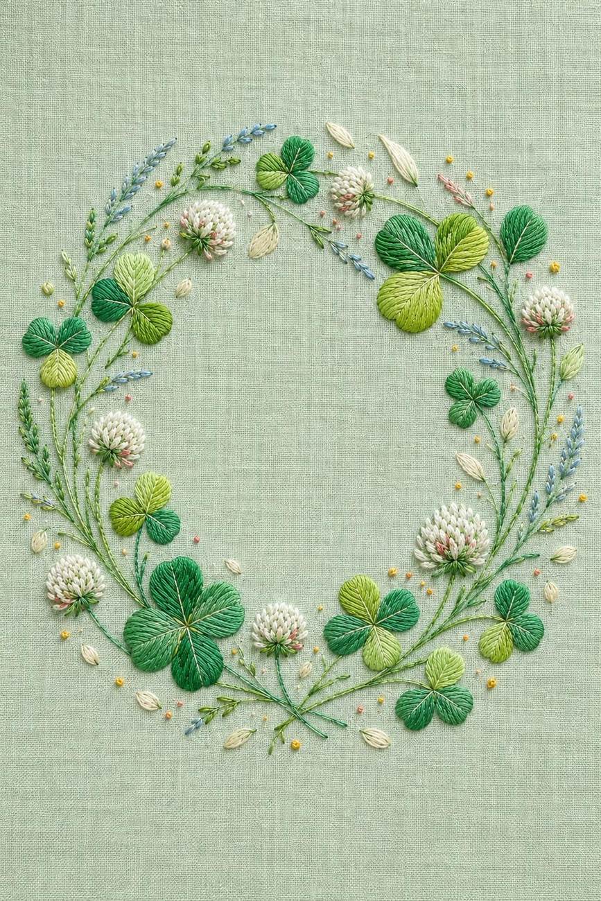 Clover Medallion Good Luck finished embroidery reference for the digital hand embroidery pattern and stitch guide