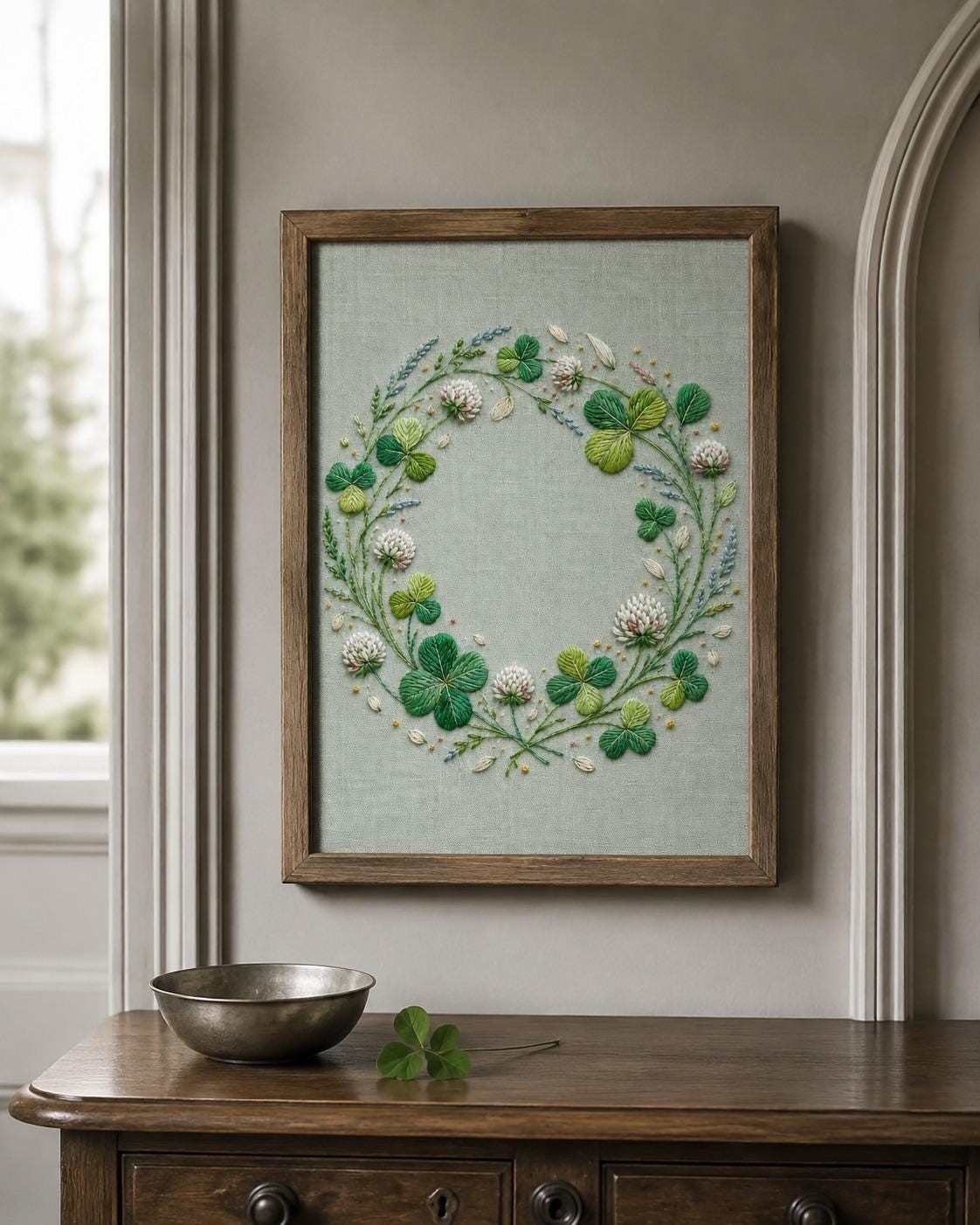 Clover Medallion Good Luck embroidery portfolio display for the digital hand embroidery pattern and stitch guide