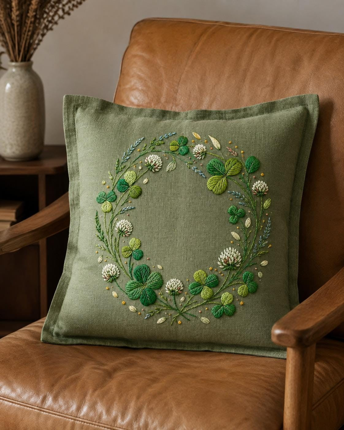 Clover Medallion Good Luck finished design flatlay for the digital hand embroidery pattern and stitch guide