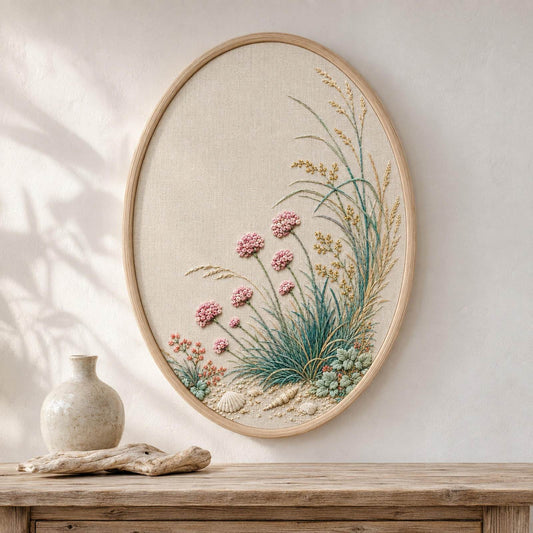 Coastal Botanical Linen finished hoop hero for the digital hand embroidery pattern and stitch guide