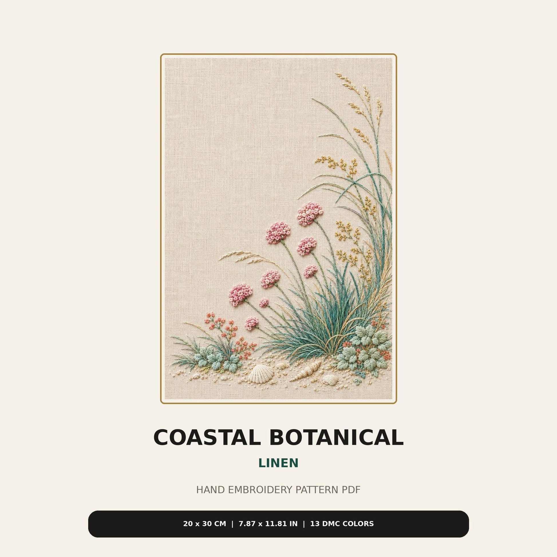 Coastal Botanical Linen pattern edition overview for the digital hand embroidery pattern and stitch guide