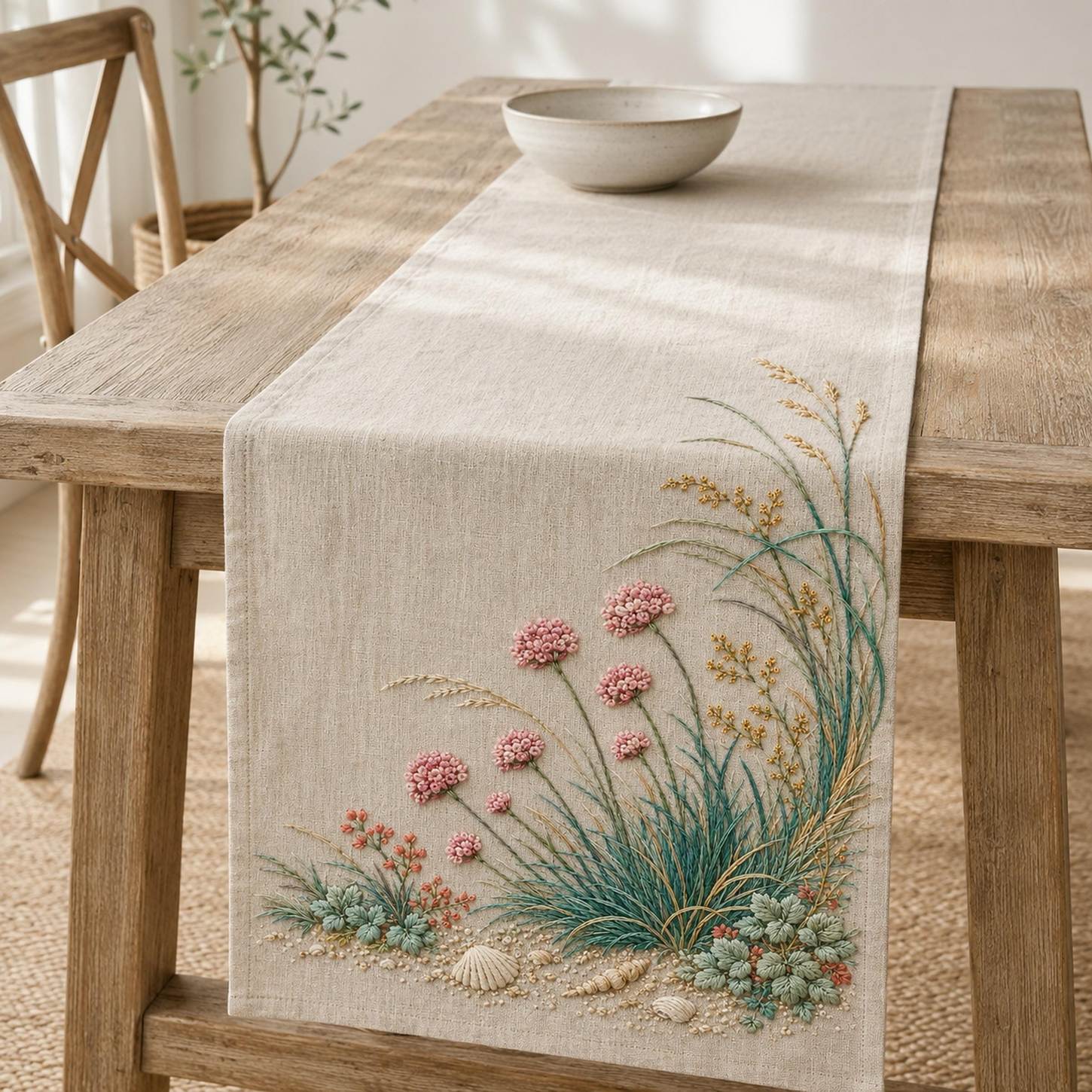 Coastal Botanical Linen embroidered project idea for the digital hand embroidery pattern and stitch guide