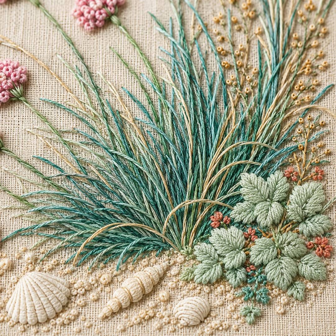 Coastal Botanical Linen stitch detail closeup for the digital hand embroidery pattern and stitch guide