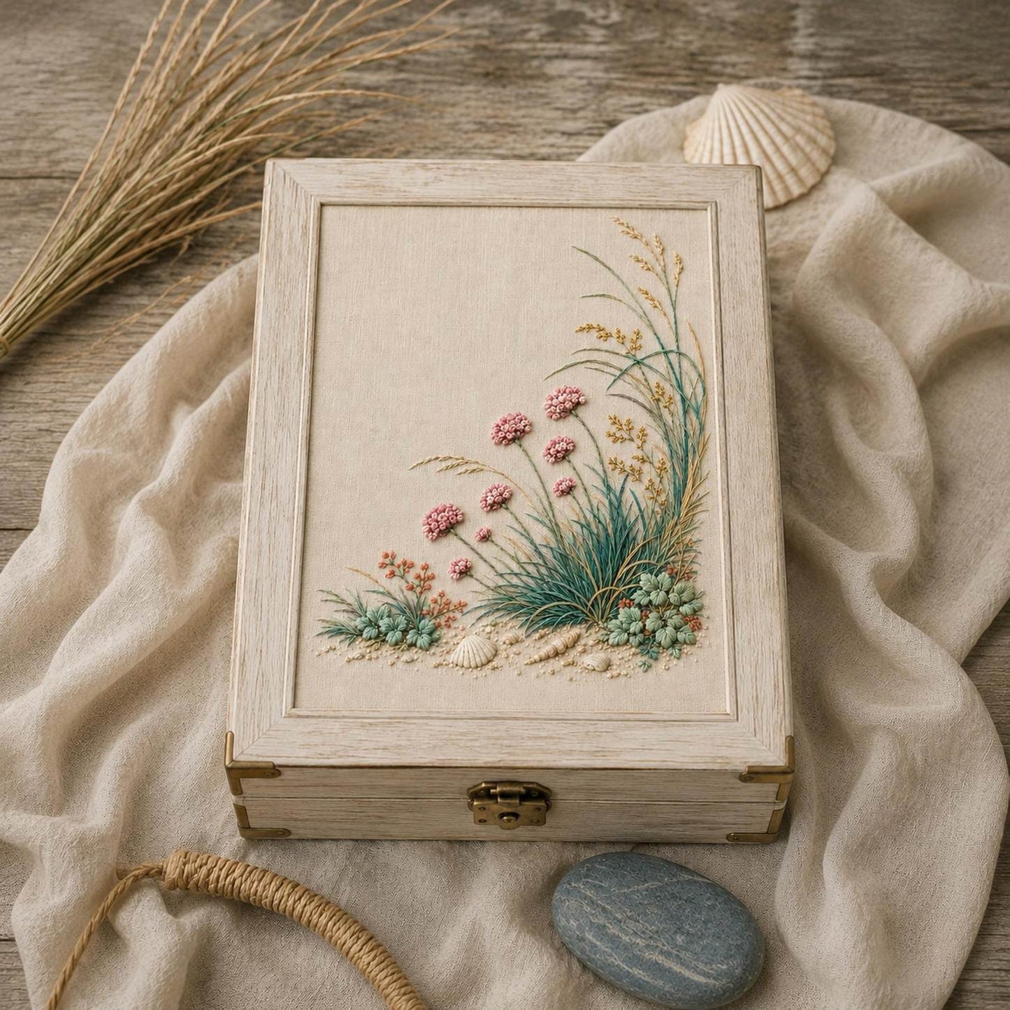 Coastal Botanical Linen framed textile display for the digital hand embroidery pattern and stitch guide