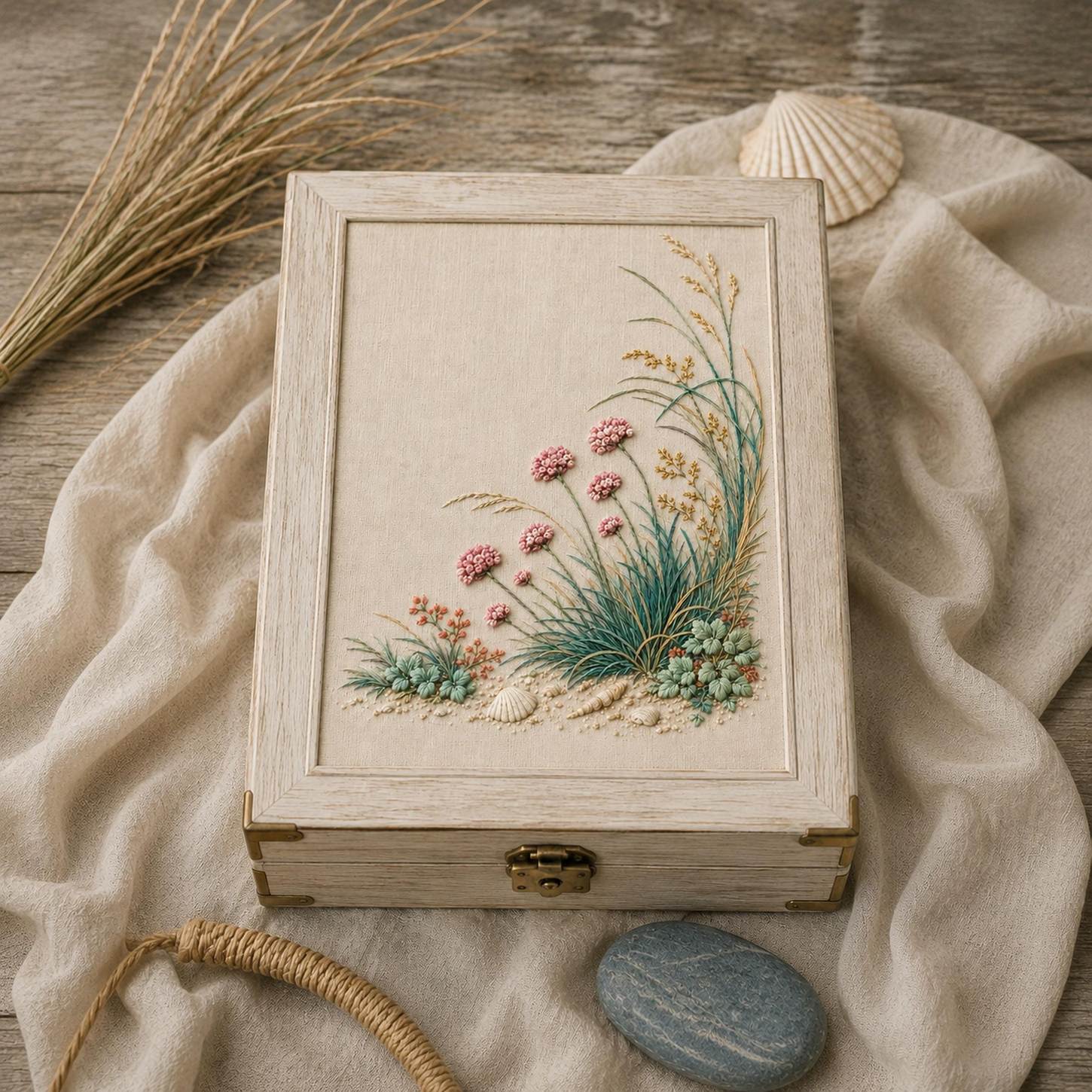 Coastal Botanical Linen framed textile display for the digital hand embroidery pattern and stitch guide
