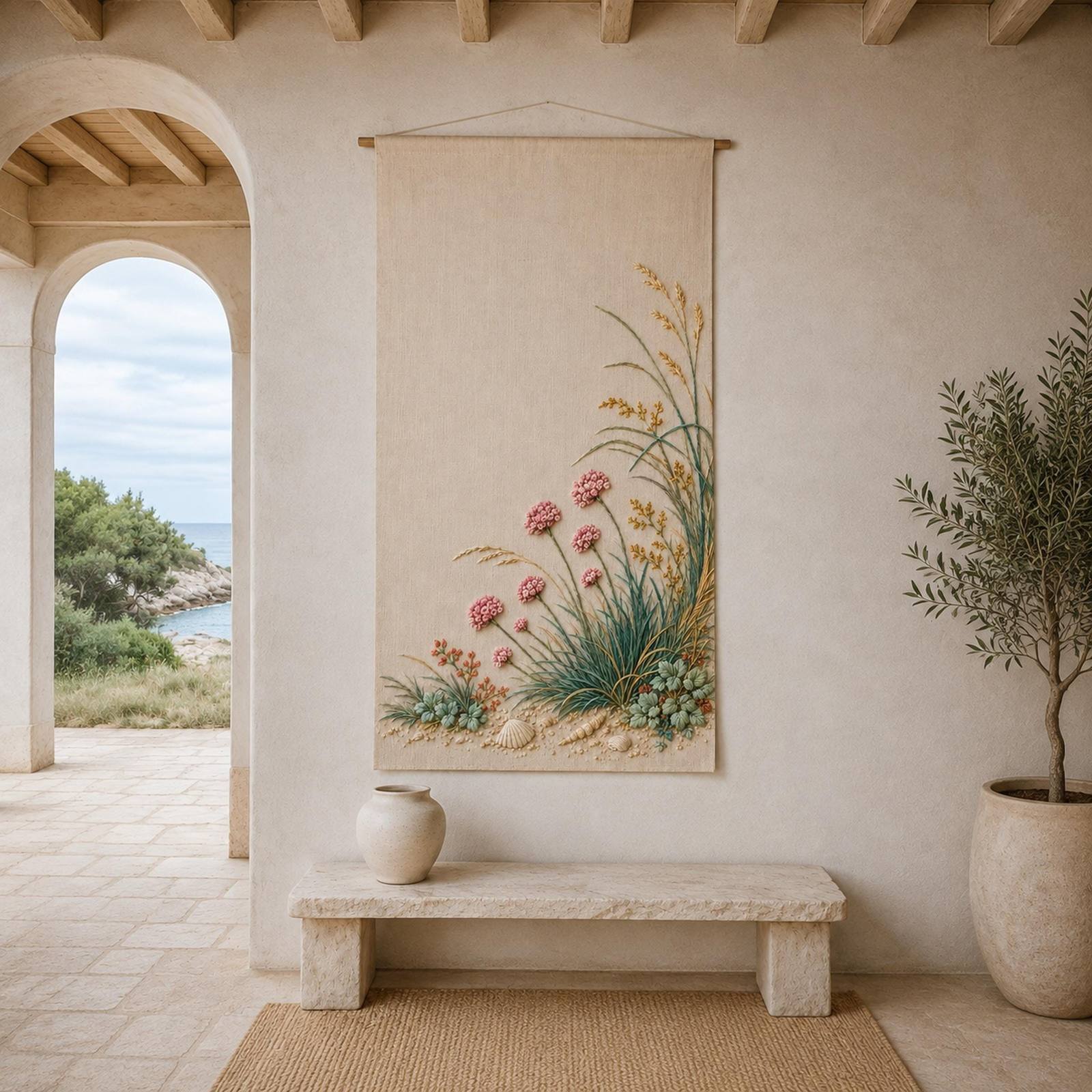 Coastal Botanical Linen embroidery portfolio display for the digital hand embroidery pattern and stitch guide
