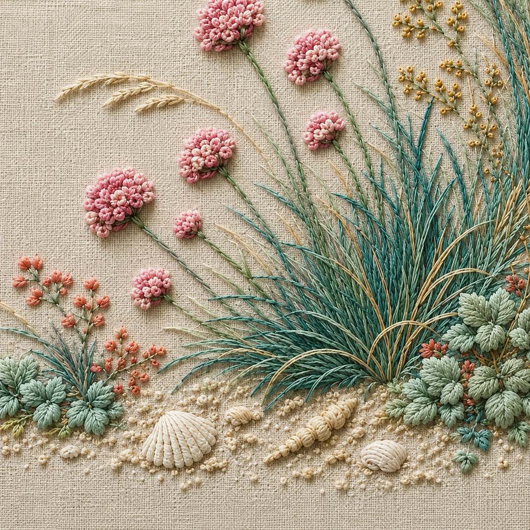 Coastal Botanical Linen finished design flatlay for the digital hand embroidery pattern and stitch guide