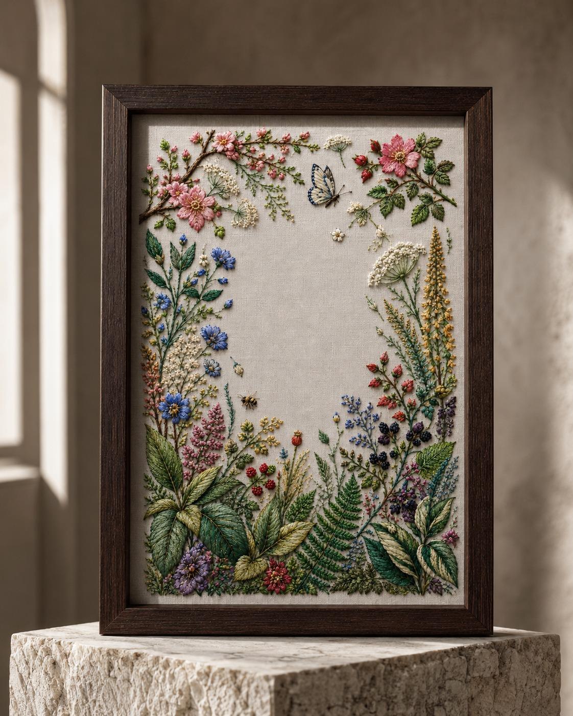 Complete Botanical Studies finished design flatlay for the digital hand embroidery pattern and stitch guide