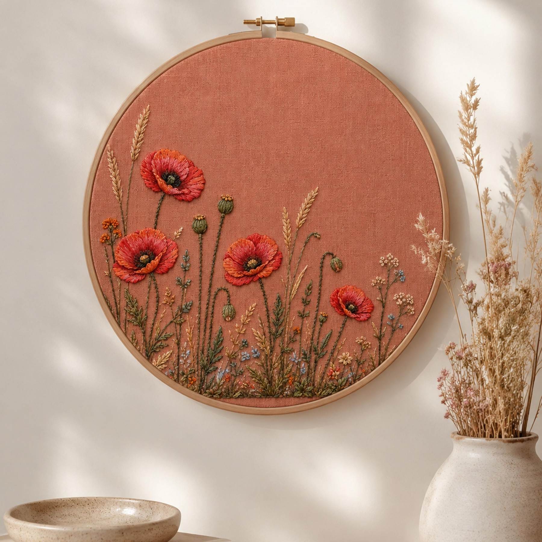 Coral Poppy Field Strip finished hoop hero for the digital hand embroidery pattern and stitch guide