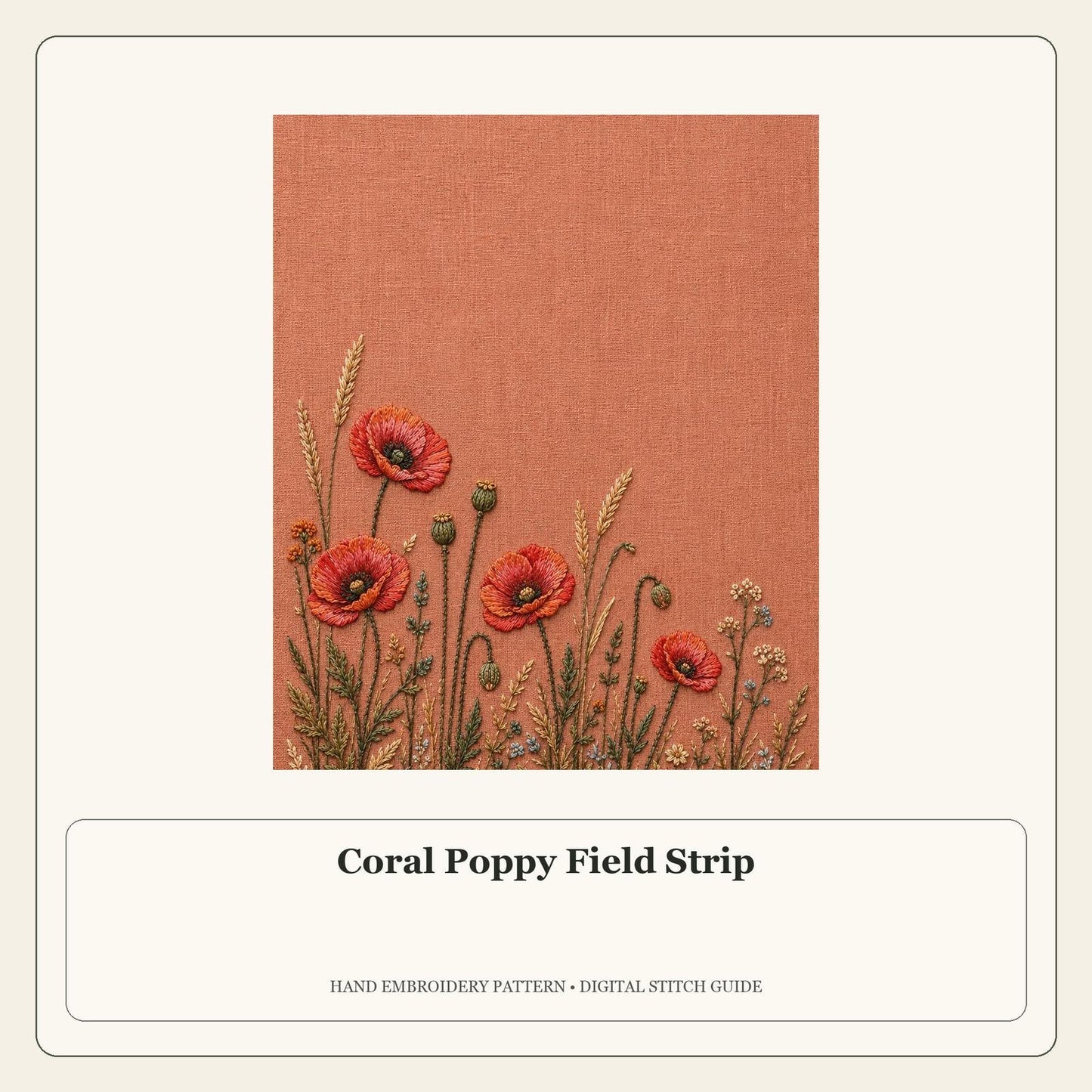 Coral Poppy Field Strip stitch guide cover for the digital hand embroidery pattern and stitch guide
