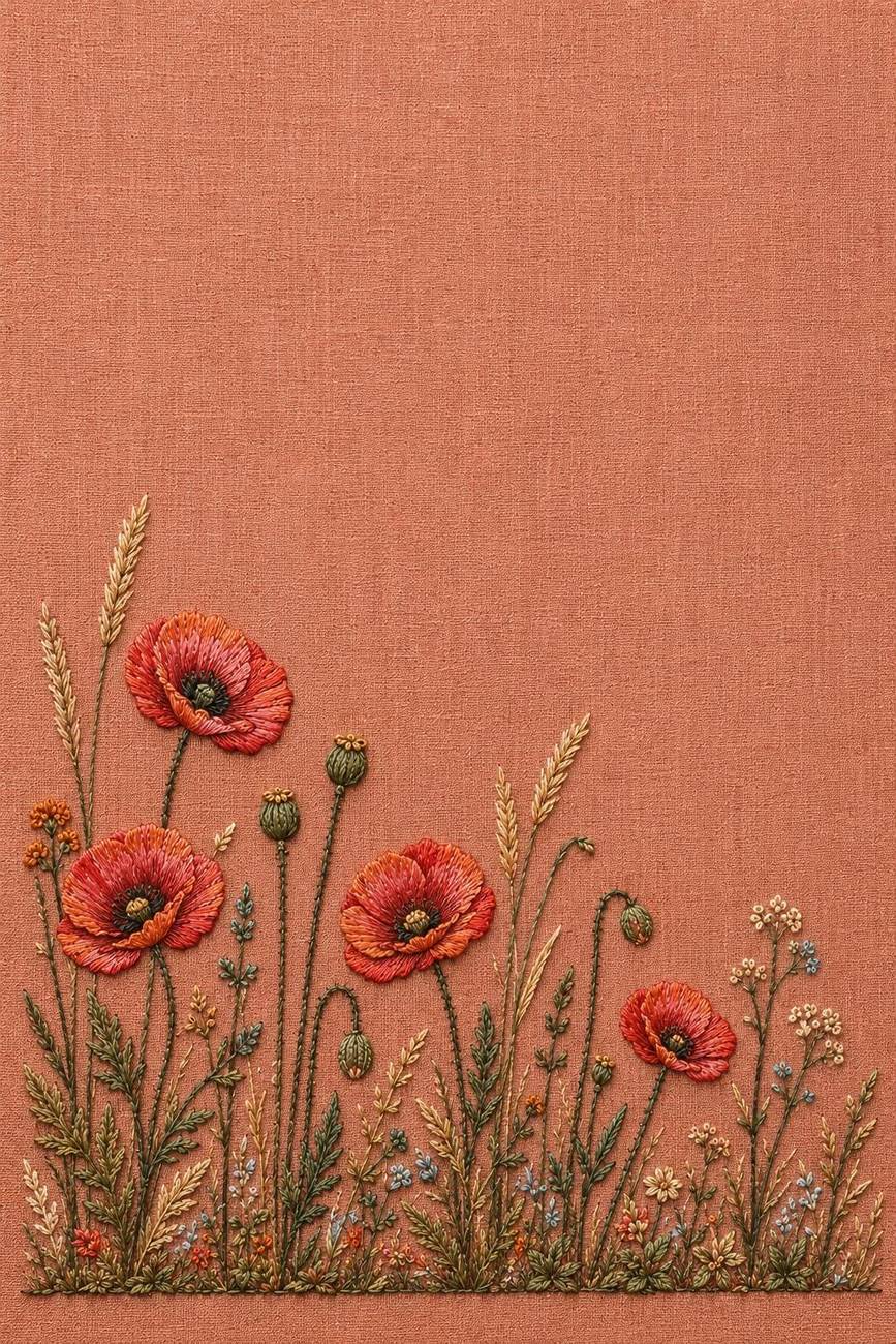 Coral Poppy Field Strip finished embroidery reference for the digital hand embroidery pattern and stitch guide