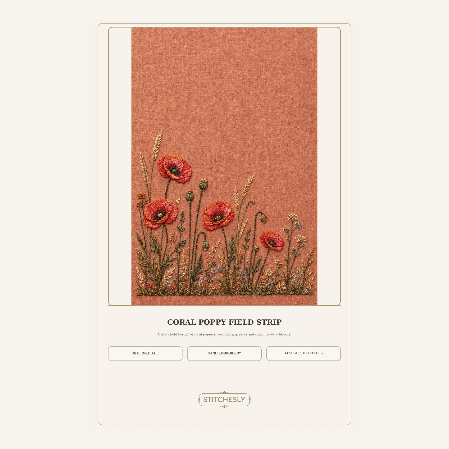Coral Poppy Field Strip pattern edition overview for the digital hand embroidery pattern and stitch guide