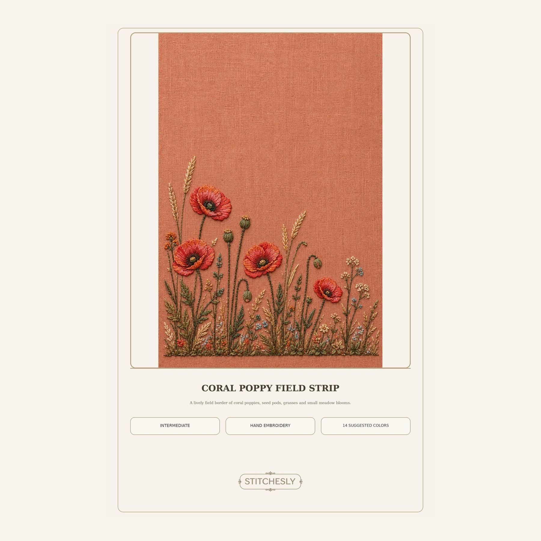 Coral Poppy Field Strip pattern edition overview for the digital hand embroidery pattern and stitch guide