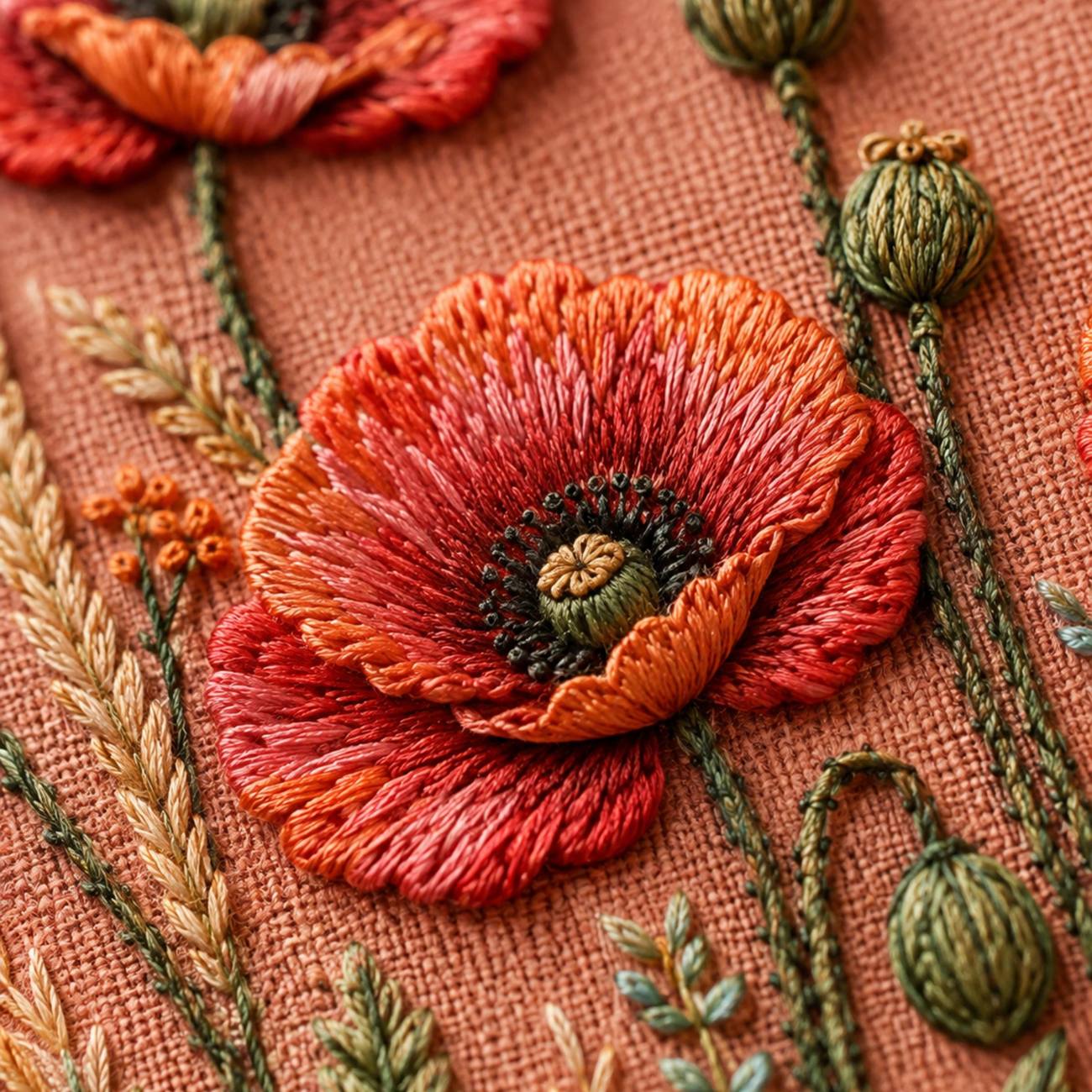 Coral Poppy Field Strip stitch detail closeup for the digital hand embroidery pattern and stitch guide