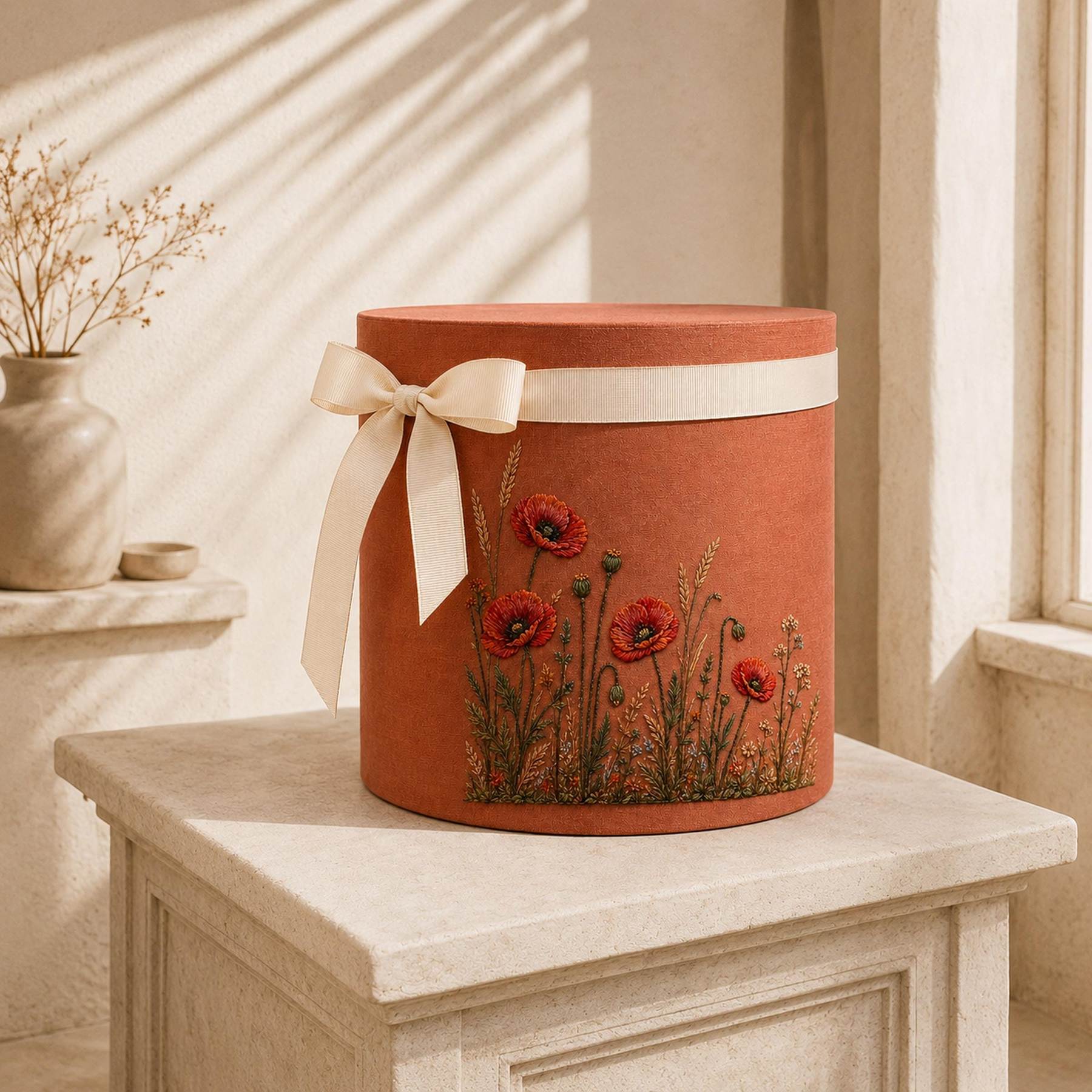 Coral Poppy Field Strip framed textile display for the digital hand embroidery pattern and stitch guide
