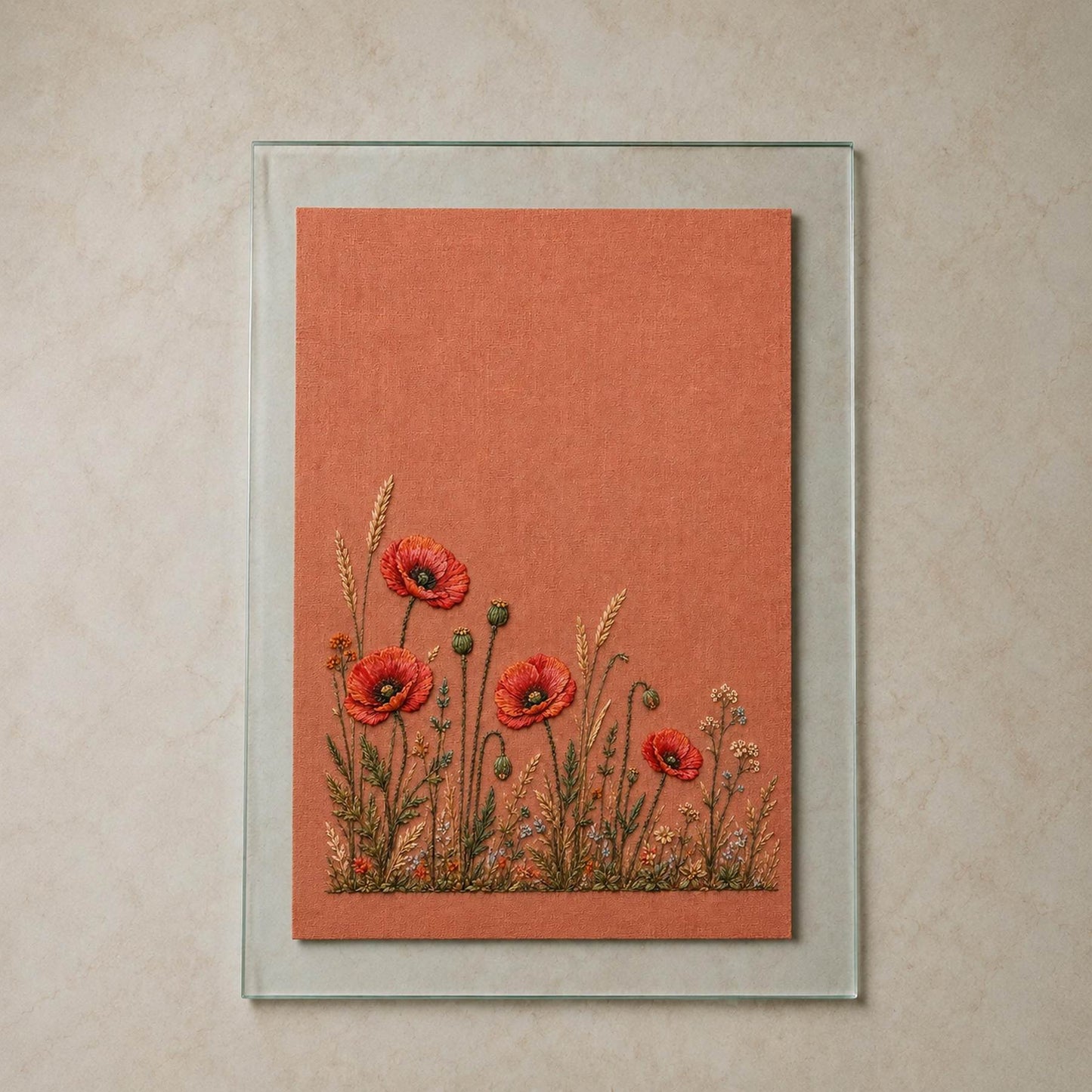 Coral Poppy Field Strip finished design flatlay for the digital hand embroidery pattern and stitch guide