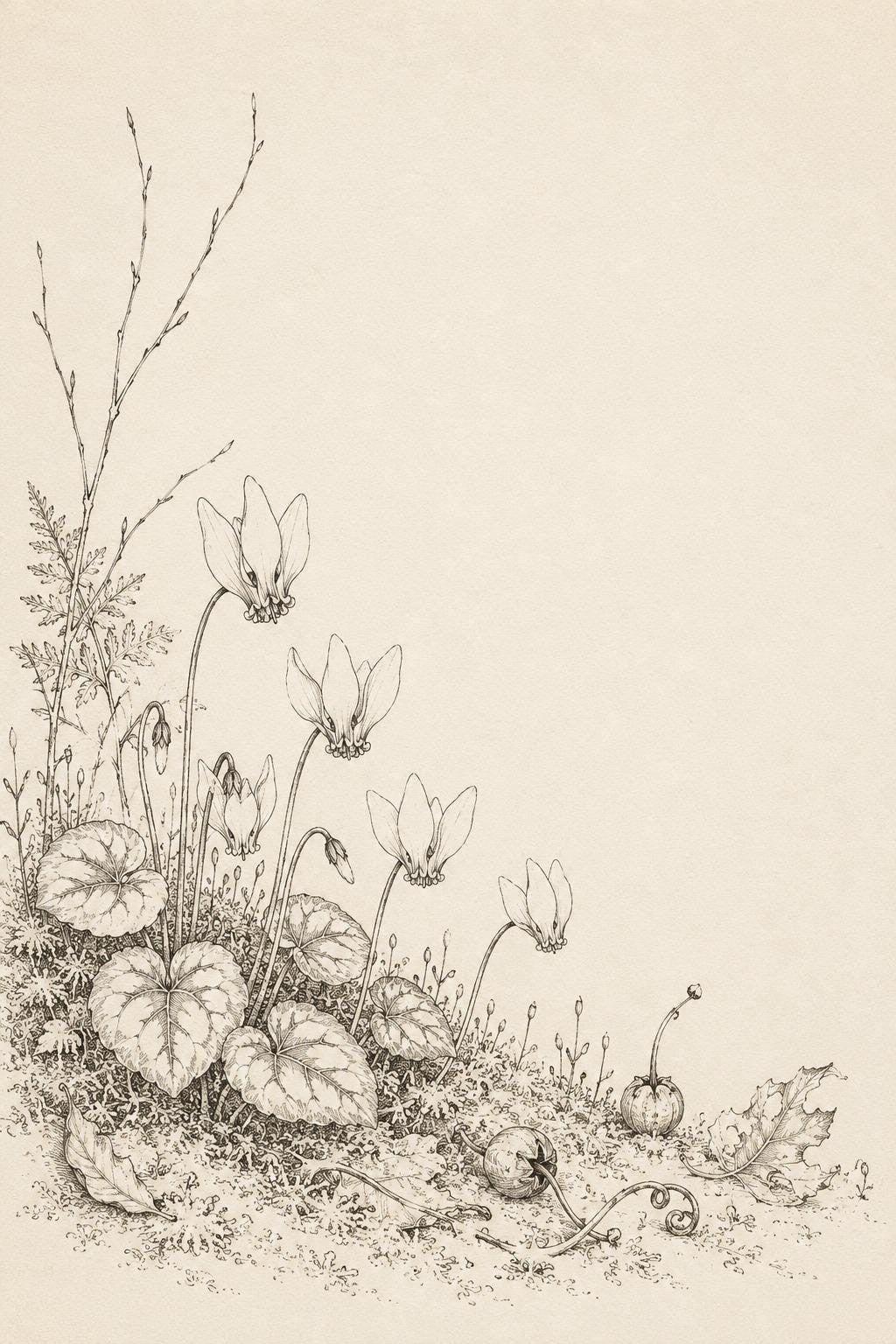 Cyclamen Forest Floor transfer linework preview for the digital hand embroidery pattern and stitch guide