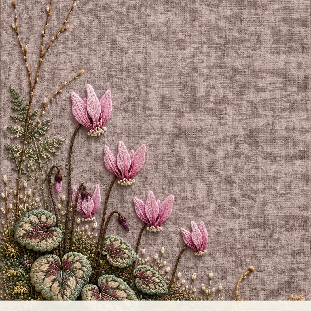 Cyclamen Forest Floor pattern edition overview for the digital hand embroidery pattern and stitch guide