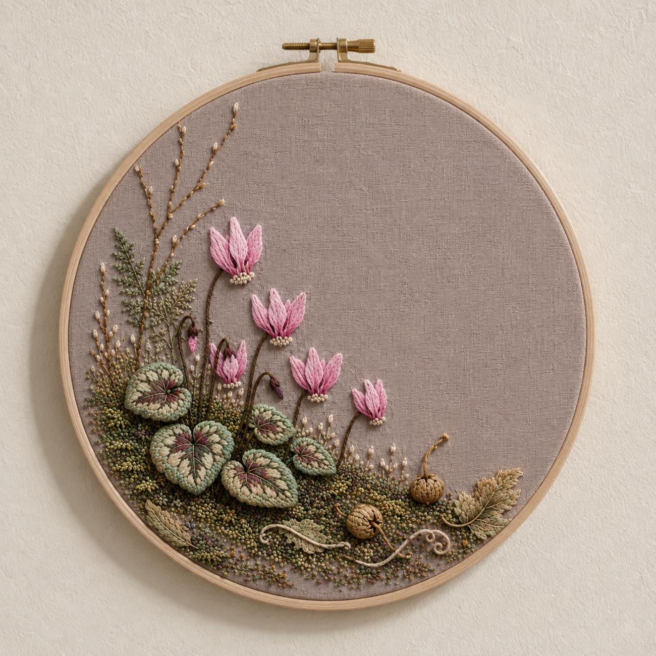 Cyclamen Forest Floor embroidered project idea for the digital hand embroidery pattern and stitch guide