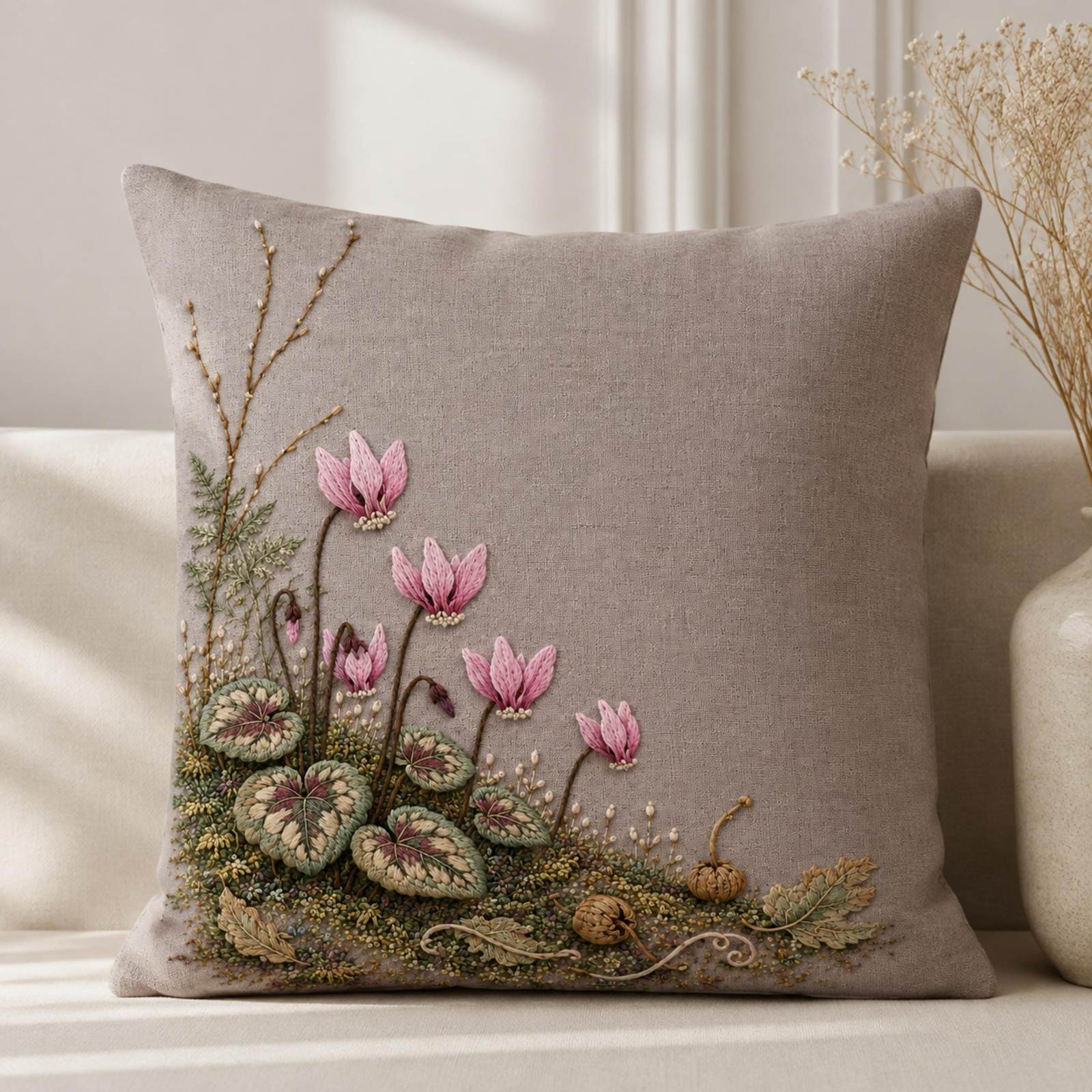 Cyclamen Forest Floor stitch detail closeup for the digital hand embroidery pattern and stitch guide