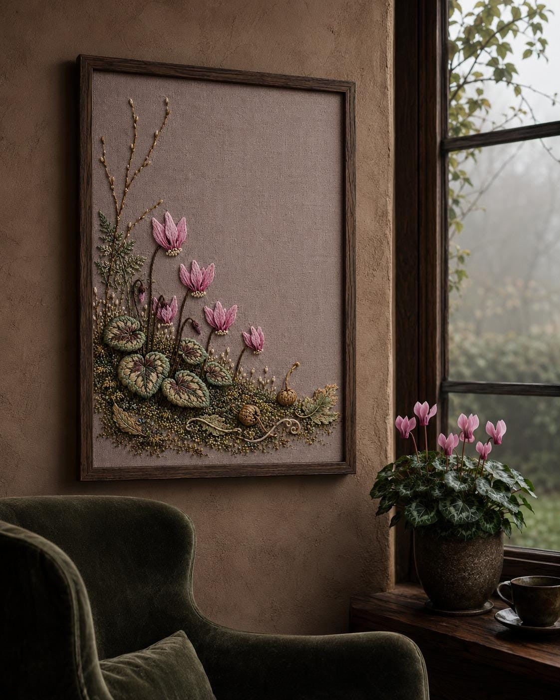 Cyclamen Forest Floor embroidery portfolio display for the digital hand embroidery pattern and stitch guide