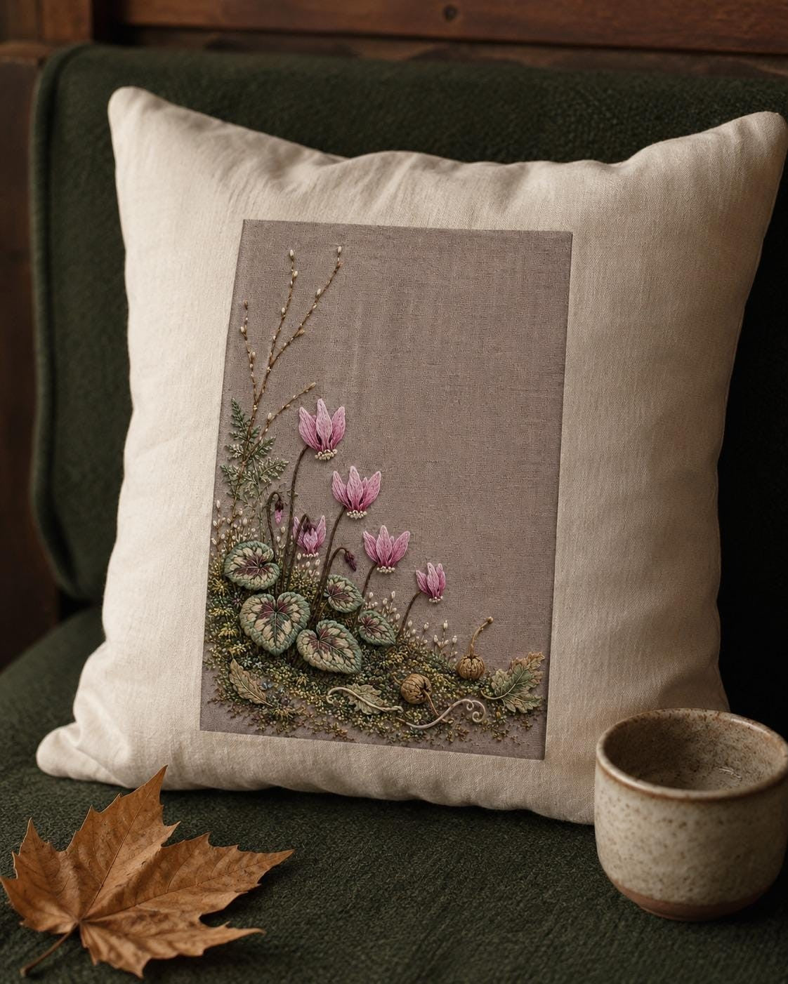 Cyclamen Forest Floor finished design flatlay for the digital hand embroidery pattern and stitch guide
