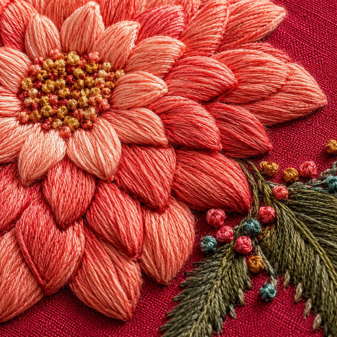 Dahlia Radiant Medallion embroidered project idea for the digital hand embroidery pattern and stitch guide